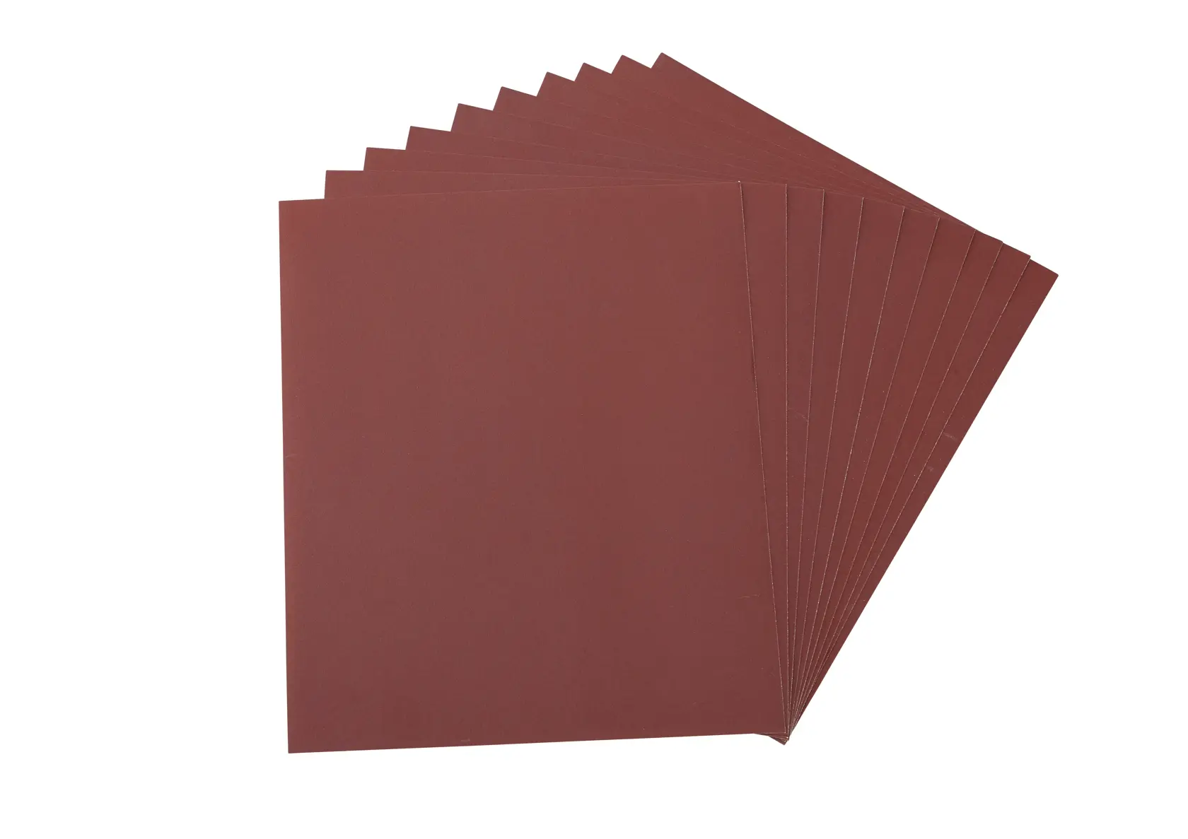 Un ensemble de huit feuilles rectangulaires de papier abrasif rouge, disposées en éventail.