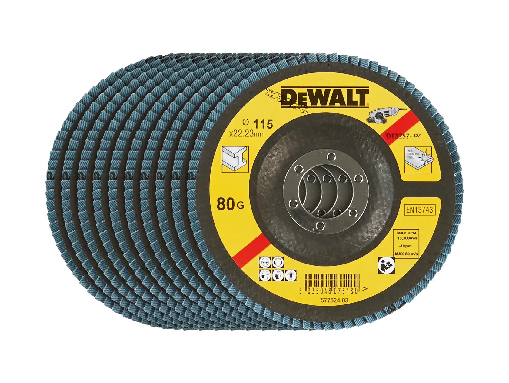 Un paquet de disques abrasifs à lamelles de marque DEWALT, modèle DT3257, avec un grain 80 et un diamètre de 115 mm. Les disques sont principalement bleus avec une étiquette jaune, utilisés pour le meulage et la finition des surfaces.