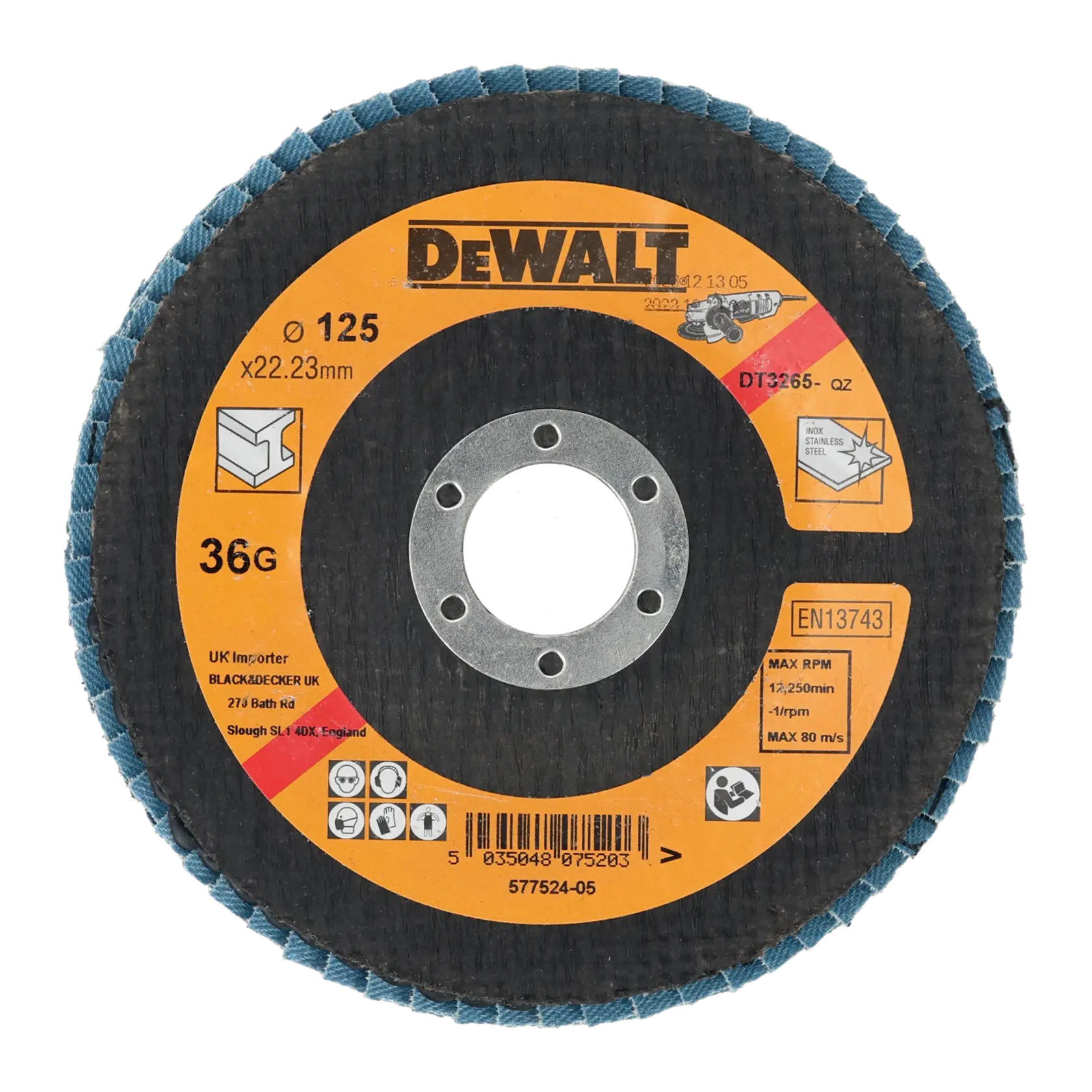 Disque à lamelles DEWALT DT3265, 125mm, grain 36G, conçu pour le meulage du métal et de l'acier inoxydable.
