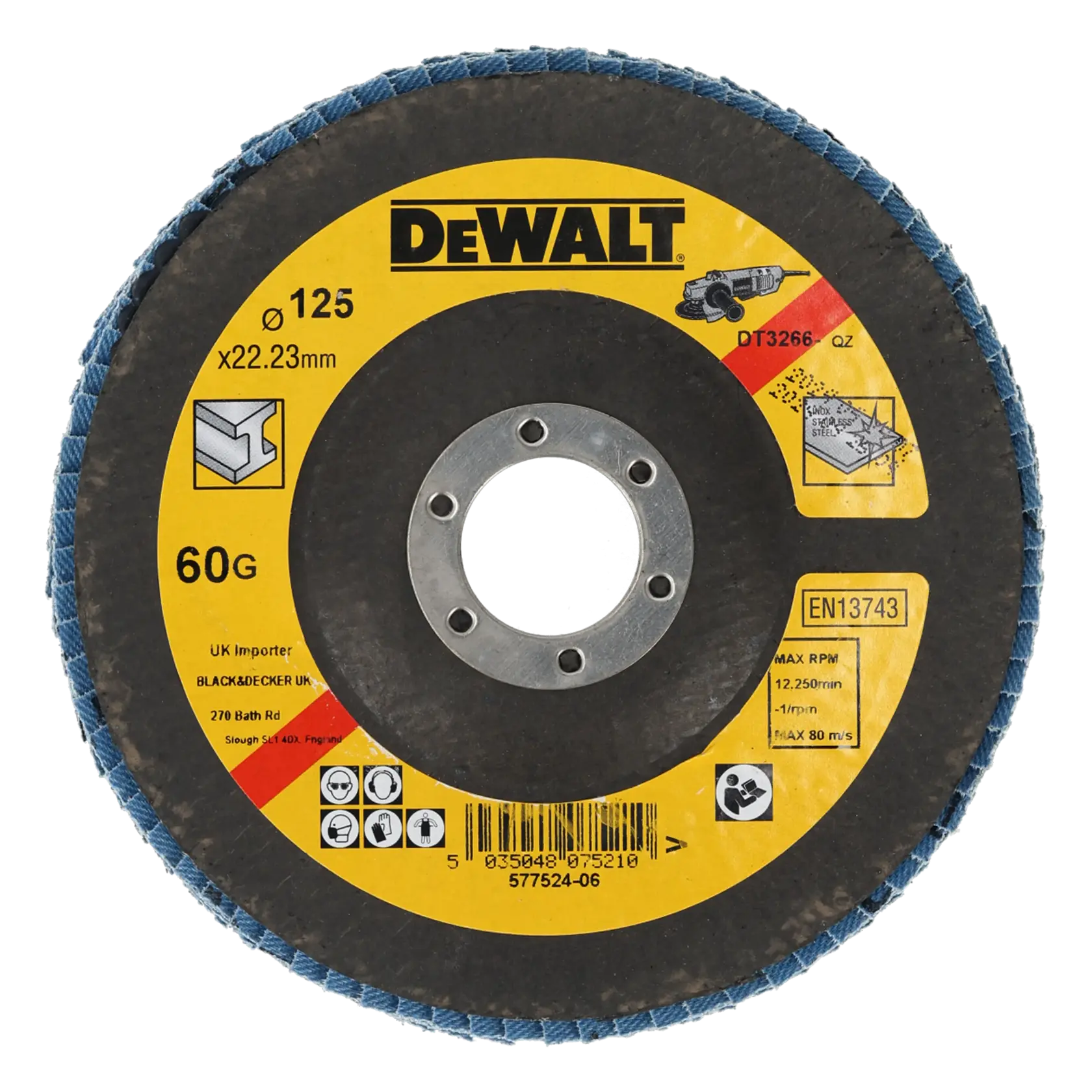 Disque abrasif DEWALT DT3266, 125mm, 60G, pour métal. Étiquettes de sécurité et détails du produit visibles.