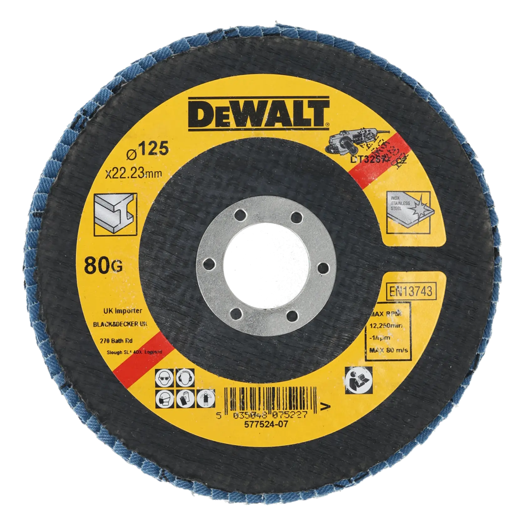 Un disque abrasif à lamelles de marque DEWALT, modèle DT3267, d'un diamètre de 125 mm et un trou central de 22,23 mm, grain 80. Le disque est conçu pour une utilisation avec des meuleuses d'angle et adapté au travail sur l'acier inoxydable et les surfaces métalliques.