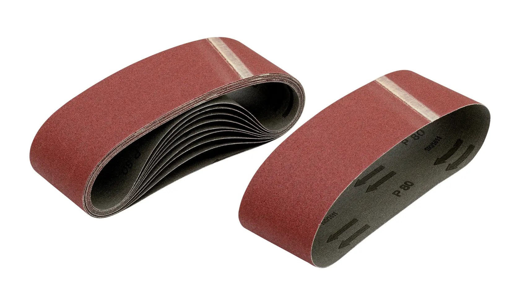 Deux bandes abrasives rouges DEWALT, une empilée et une séparée, utilisées pour le ponçage et la finition.