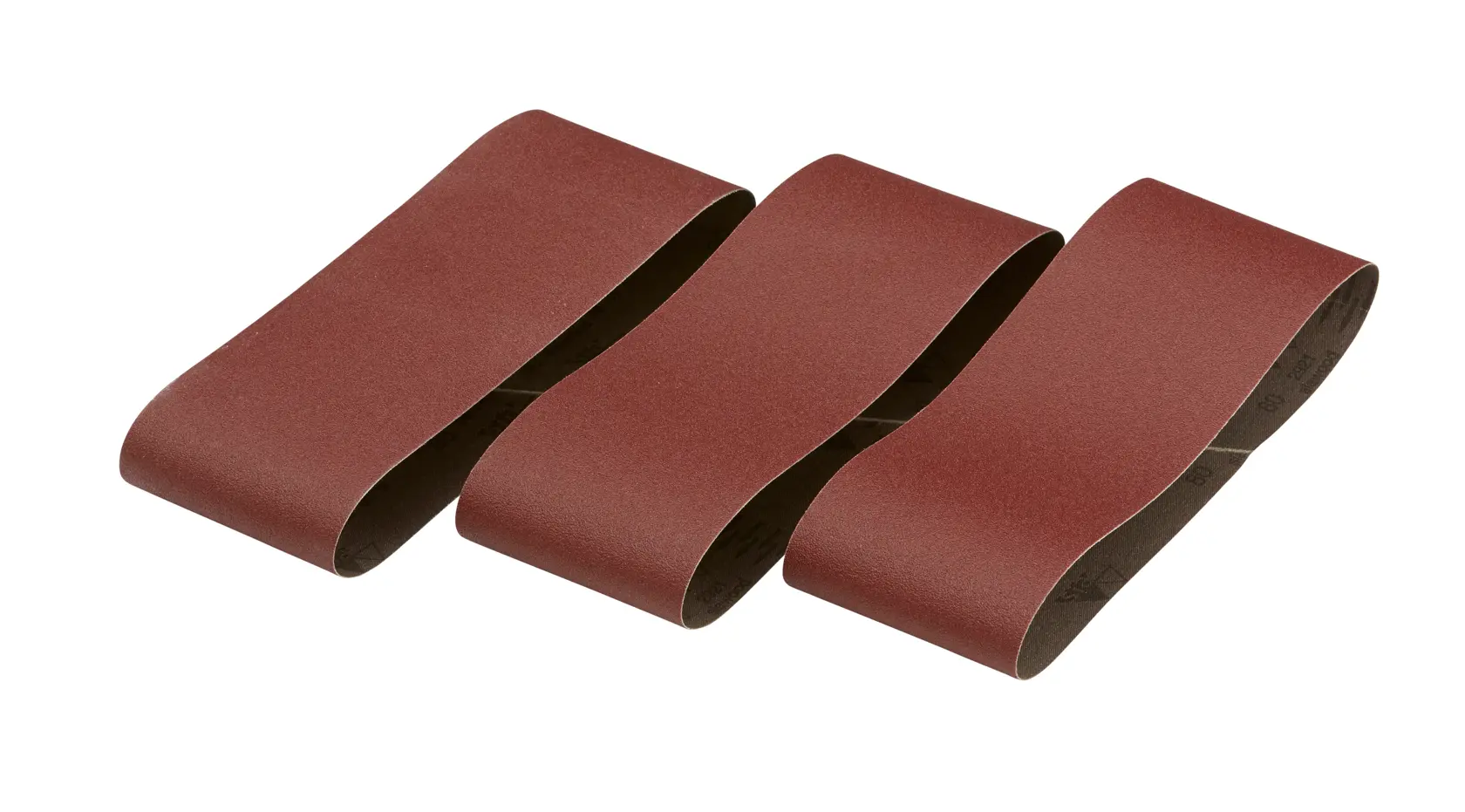 Trois bandes abrasives marron côte à côte sur fond blanc.