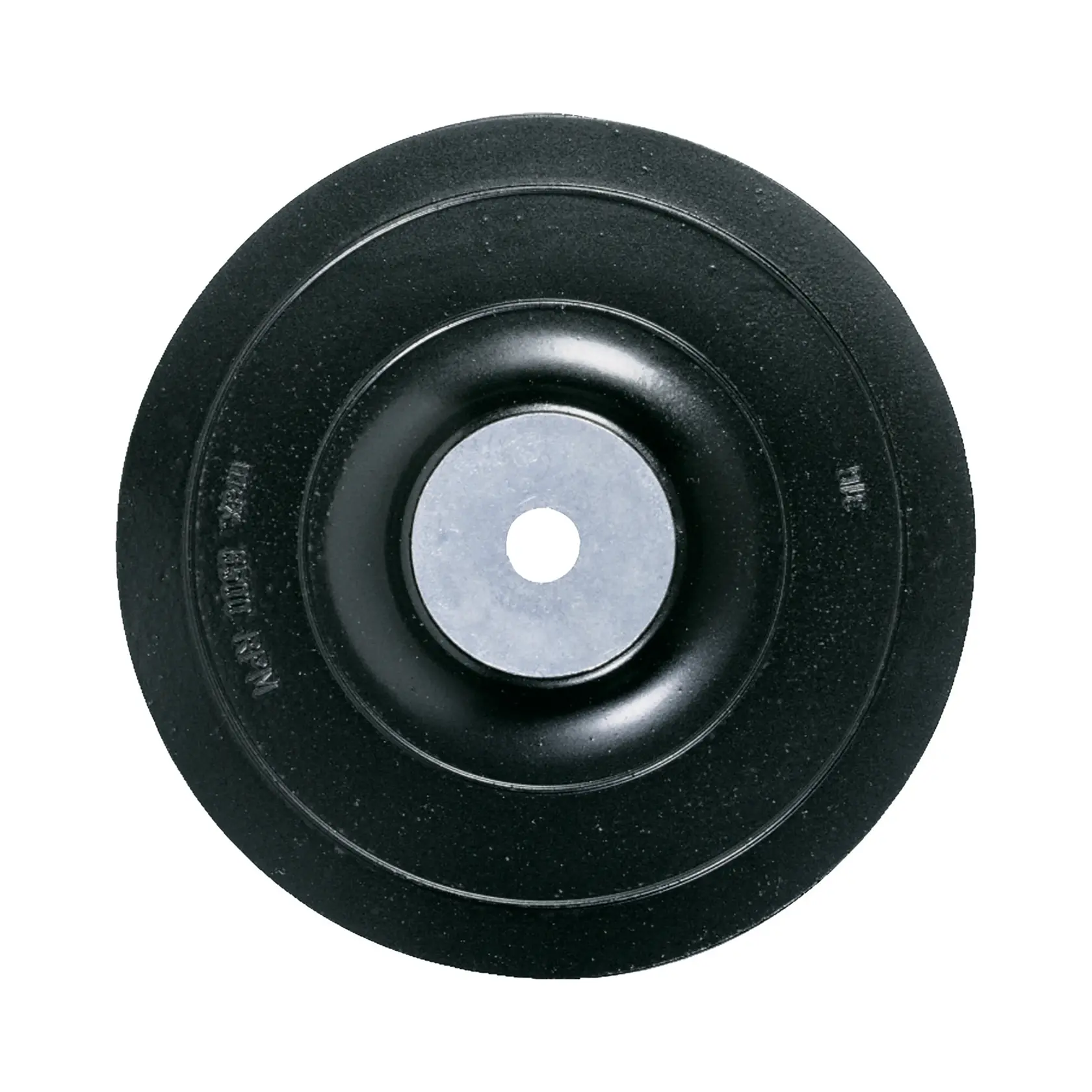 Plateau support rond DEWALT DT3612 pour disques abrasifs, noir avec trou central métallique, vue du dessus.