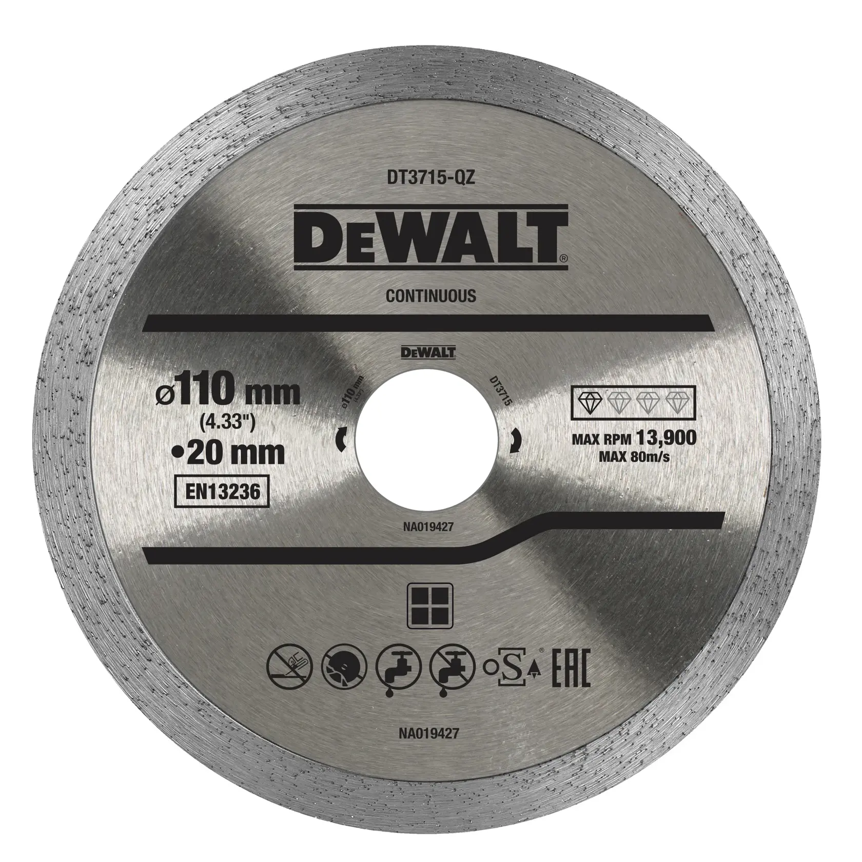 DEWALT DT3715 lame diamant 110mm pour découpe continue, adaptée au carrelage et pierre.