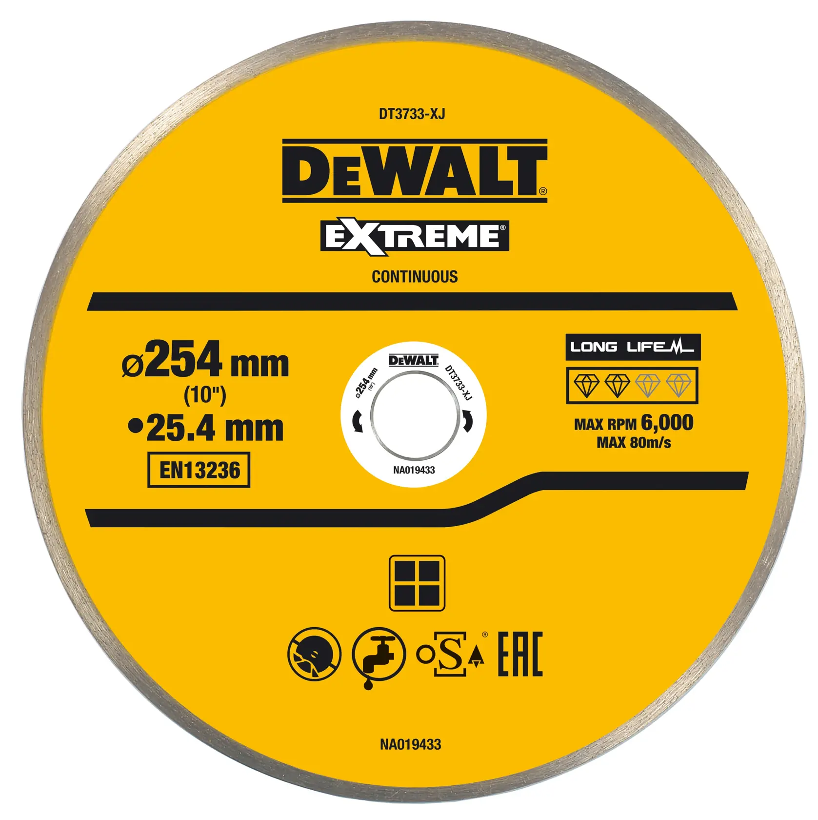 Un disque de coupe diamanté DEWALT Extreme Continu jaune, modèle DT3733-XJ, d’un diamètre de 254 mm et d’un alésage de 25,4 mm. Conçu pour une longue durée de vie, il atteint une vitesse maximale de 6 000 tr/min et 80 m/s. Le disque présente des marques de certification et des spécifications techniques sur l’étiquette.