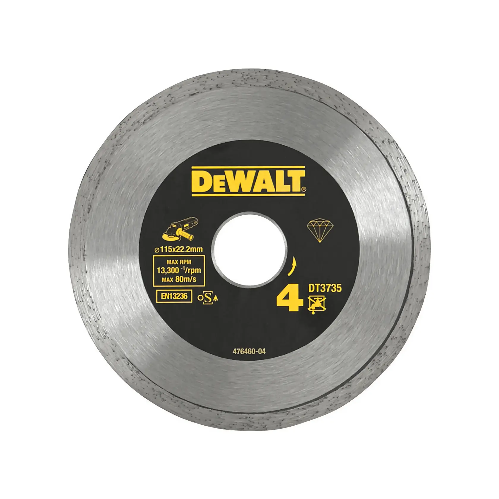 Disque de coupe diamanté DEWALT DT3735 d’un diamètre de 115 mm et un trou central de 22,2 mm. Le disque est argenté avec une étiquette centrale noire et jaune indiquant les spécifications, notamment une vitesse maximale de 13 300 tr/min, destiné à la coupe de matériaux.