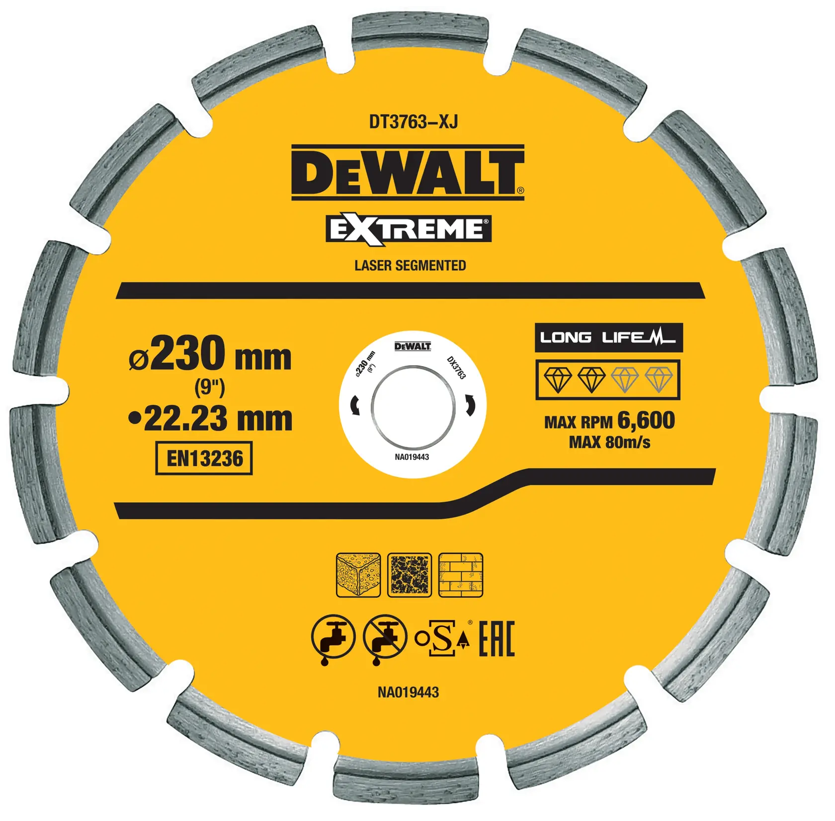 Graphique montrant la marque DEWALT XTREME Sub-Compact Series avec le slogan 'Compact et performance garantie' sur un fond jaune.
