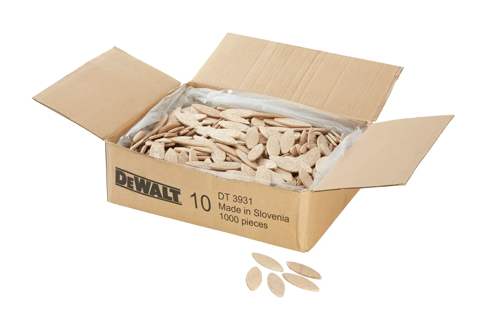 Boîte DEWALT ouverte avec 1000 biscuits en bois pour menuiserie, SKU DT3931. Quatre biscuits visibles devant.