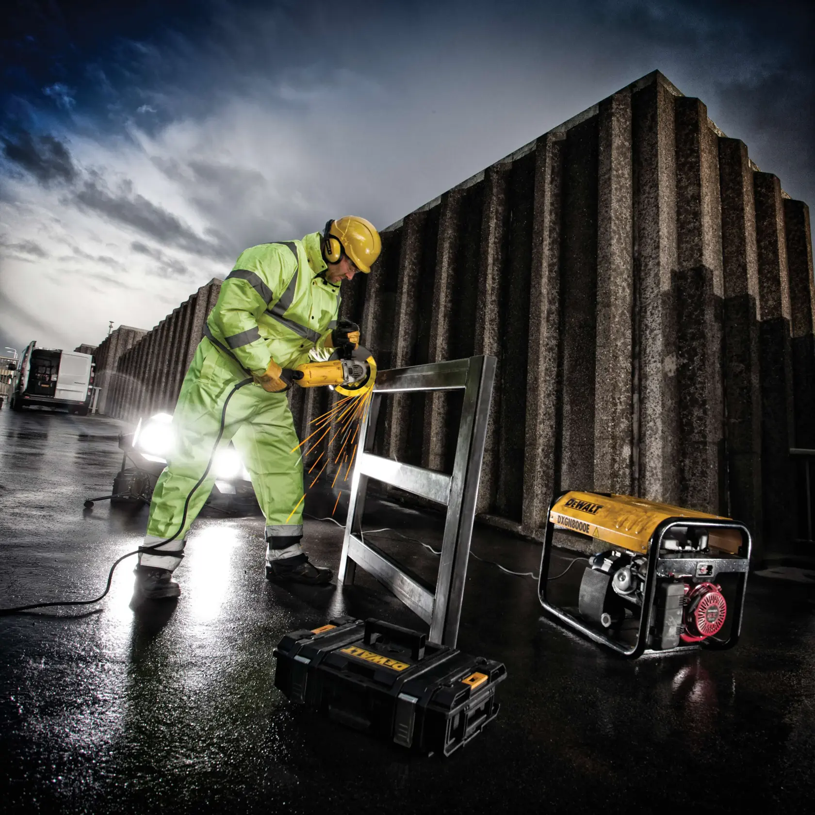 Graphic showing DEWALT XTREME Sub-Compact Series branding with the slogan 'Compact and Performance Packed' on a yellow background.