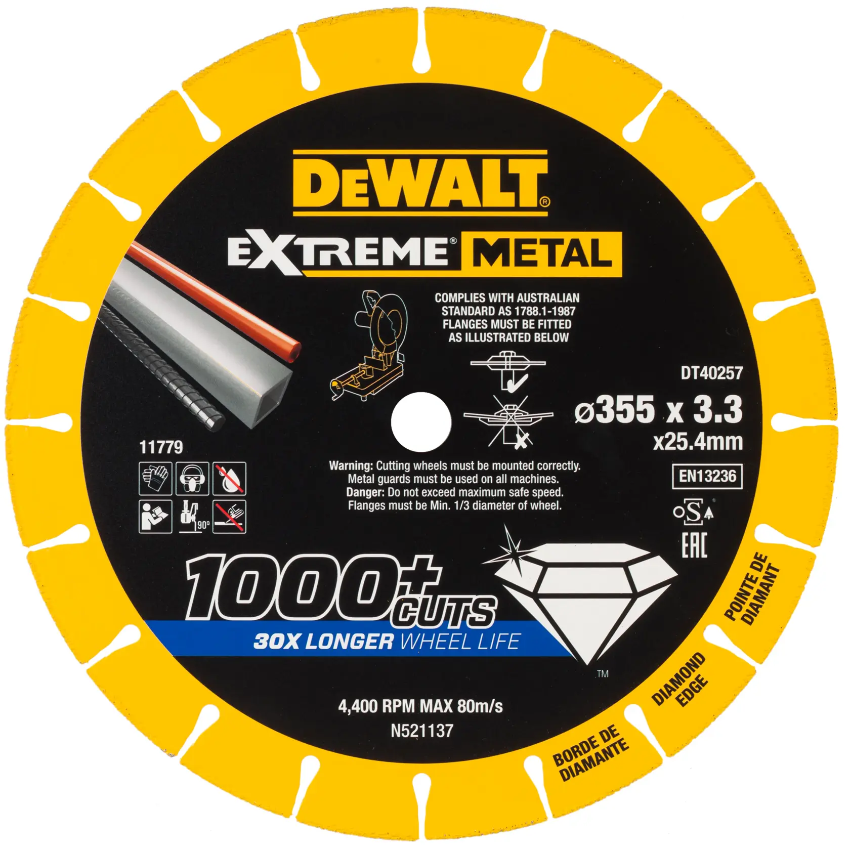 Disque de coupe métal DEWALT DT40257, 355mm, bord diamanté, infos produit et pictogrammes de sécurité visibles.