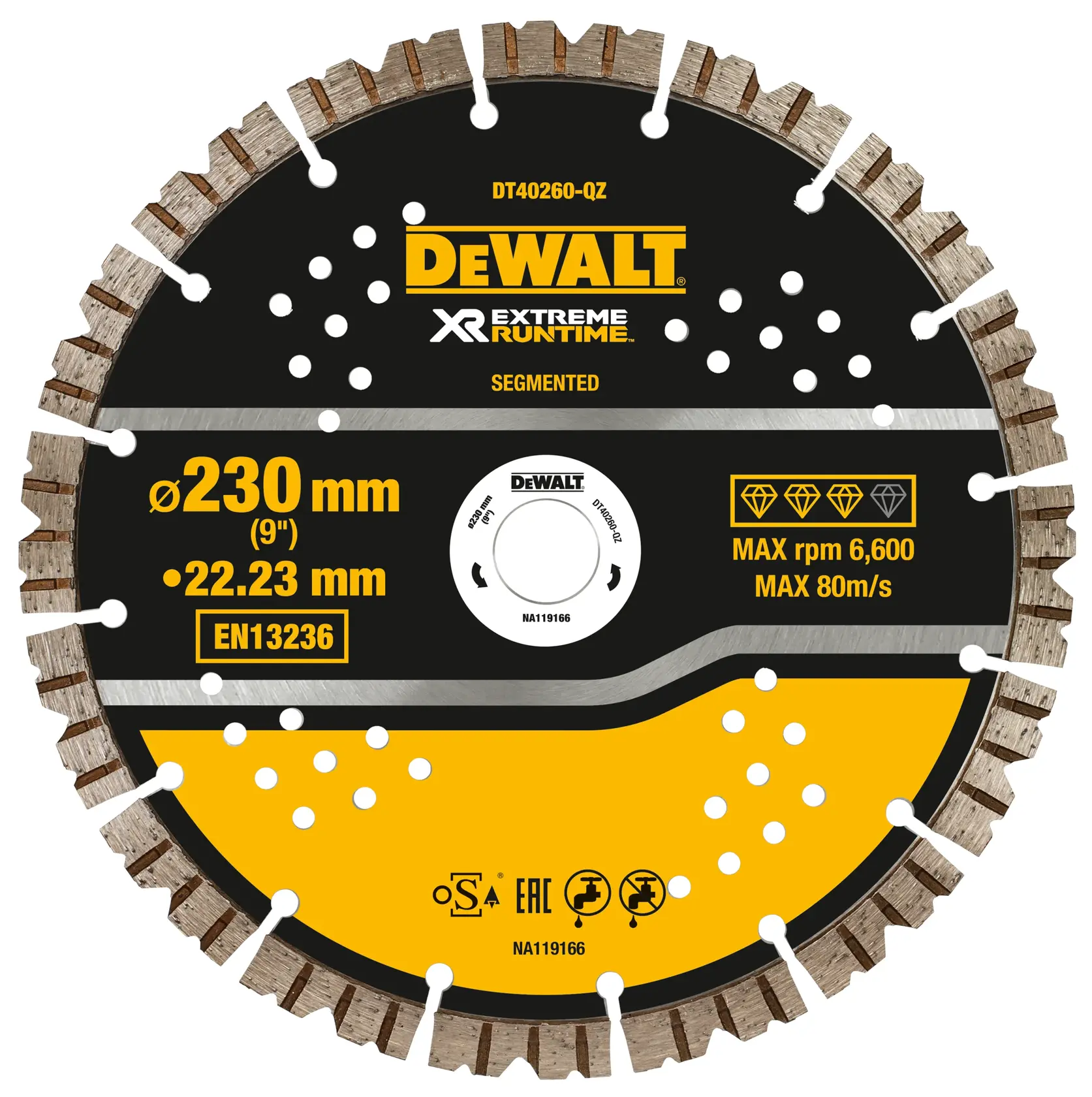 Lame diamantée DEWALT segmentée de 230mm, pour découpe, max 6 600 tr/min, modèle DT40260.