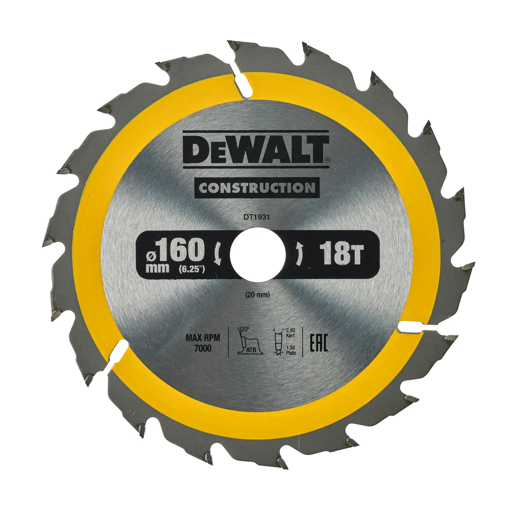 Lame de scie circulaire DEWALT DT4031 avec bord jaune, 160mm de diamètre et 18 dents pour la construction.