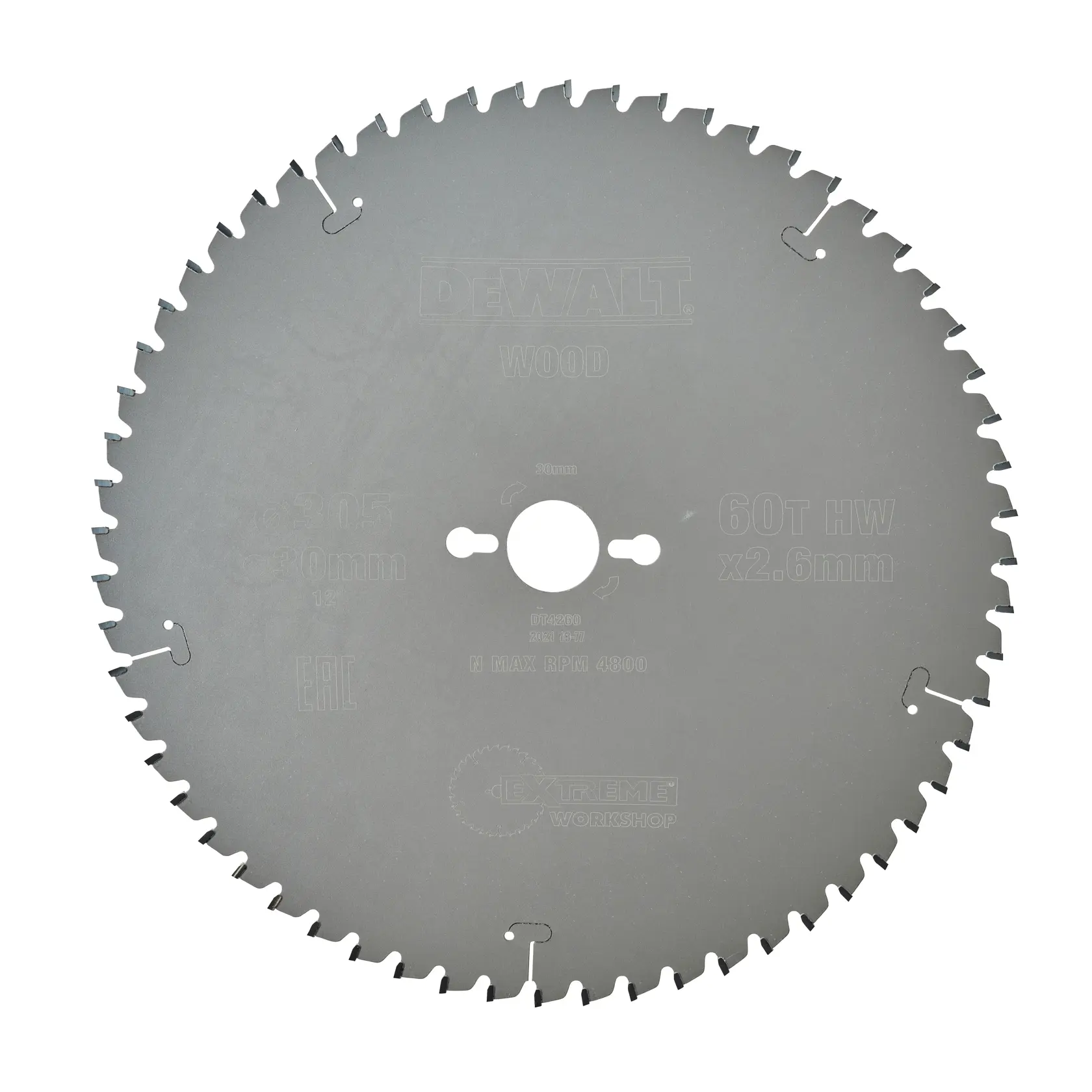 Lame de scie circulaire pour bois, de la marque DEWALT, avec 60 dents. La lame est marquée avec des spécifications, dont un diamètre de 305 mm et une épaisseur de 2,6 mm.