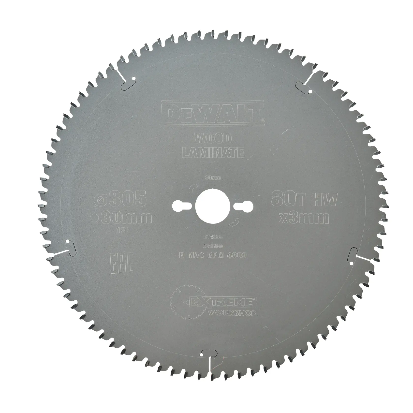 Lame de scie circulaire DEWALT DT4288 pour bois stratifié, 305mm, 80 dents, métal gris.