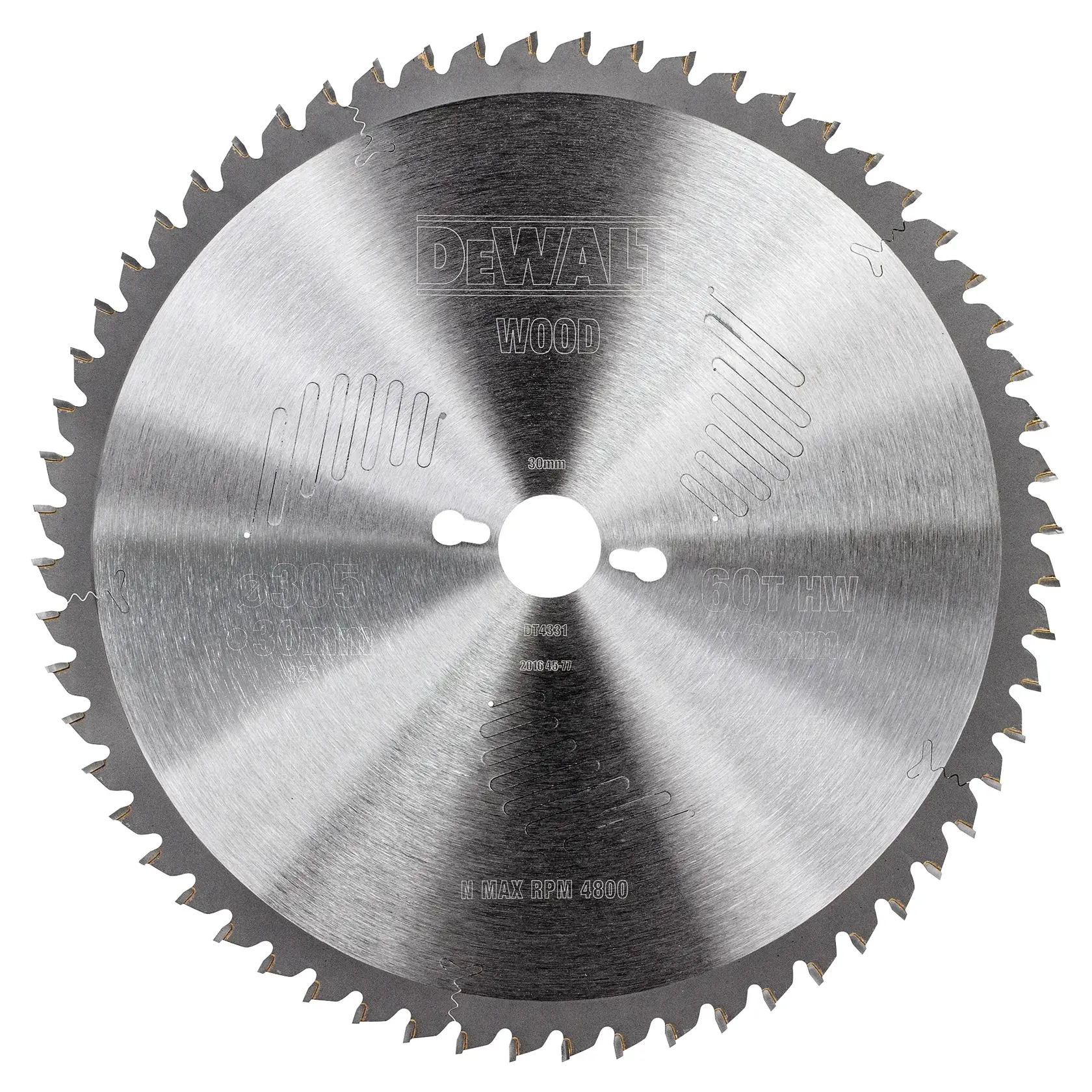 Lame de scie circulaire DEWALT DT4331 pour bois, finition métallique, 60 dents, trou central et fentes d'expansion découpées au laser.