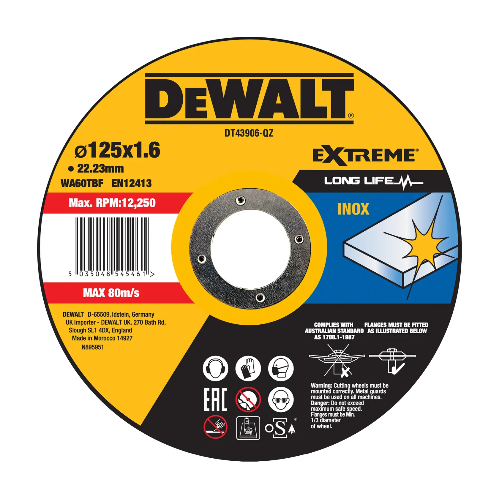 Disque de coupe DEWALT DT43906 pour métal, 125mm, RPM max 12 250, adapté INOX, icônes de sécurité visibles.