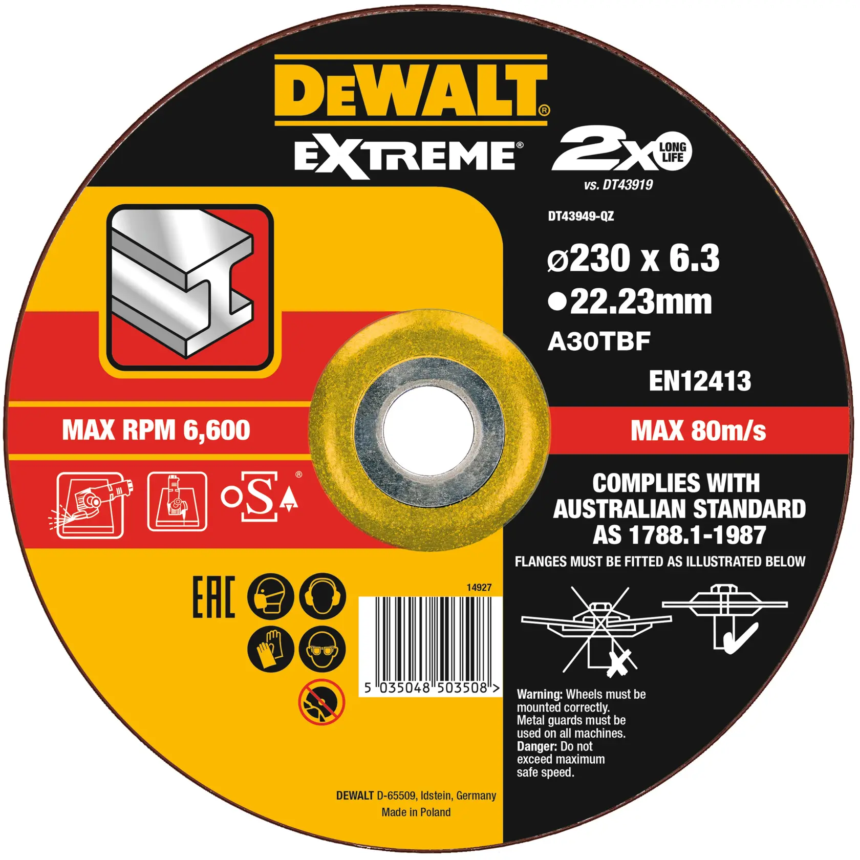 DEWALT Metallscheibe, DT43949, DT43919-QZ, 230x6.3mm, max 6600 U/min, EMEAANZ, Kategorie Fotografie.