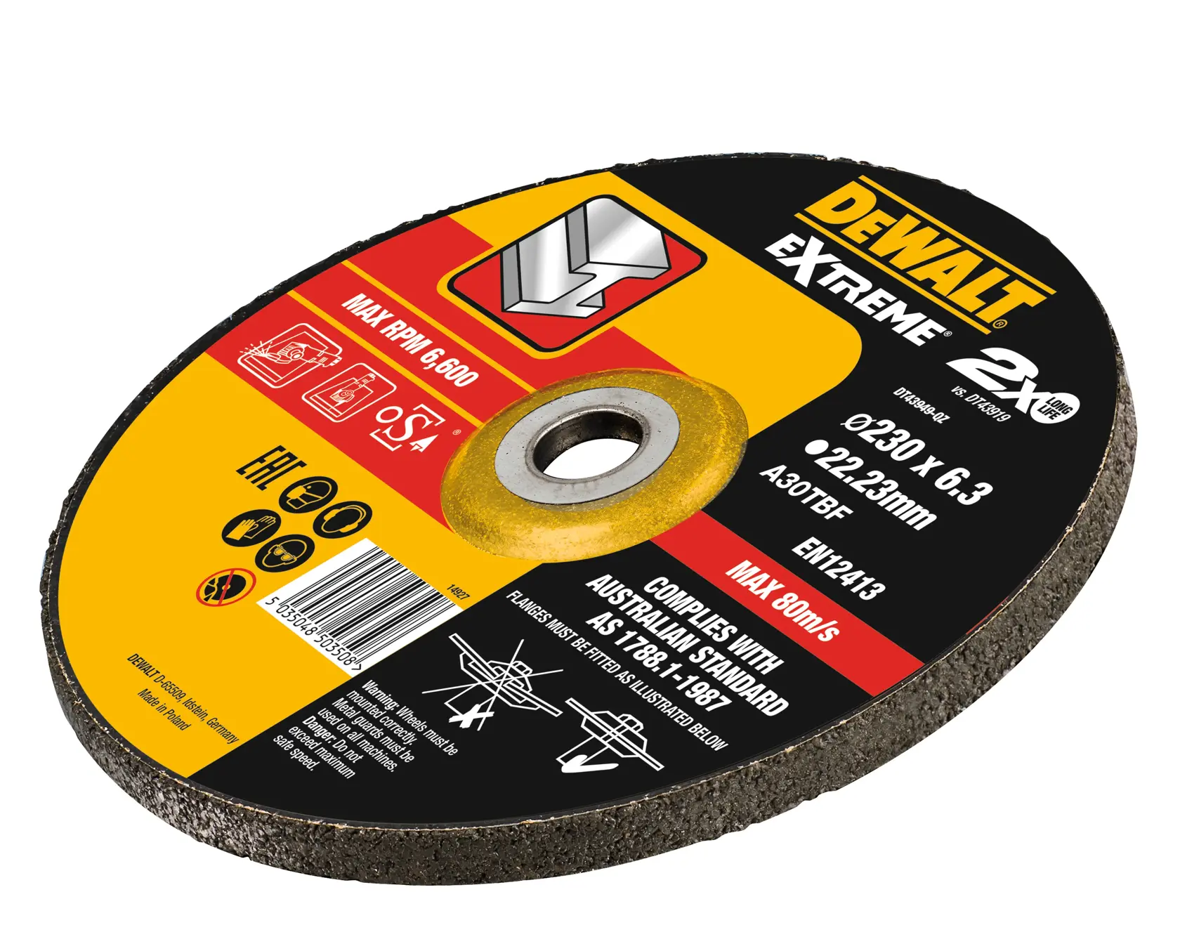 DEWALT Schleifscheibe für Metall, Fotografie-Kategorie. SKUs: DT43949, DT43919-QZ. EMEAANZ Region.