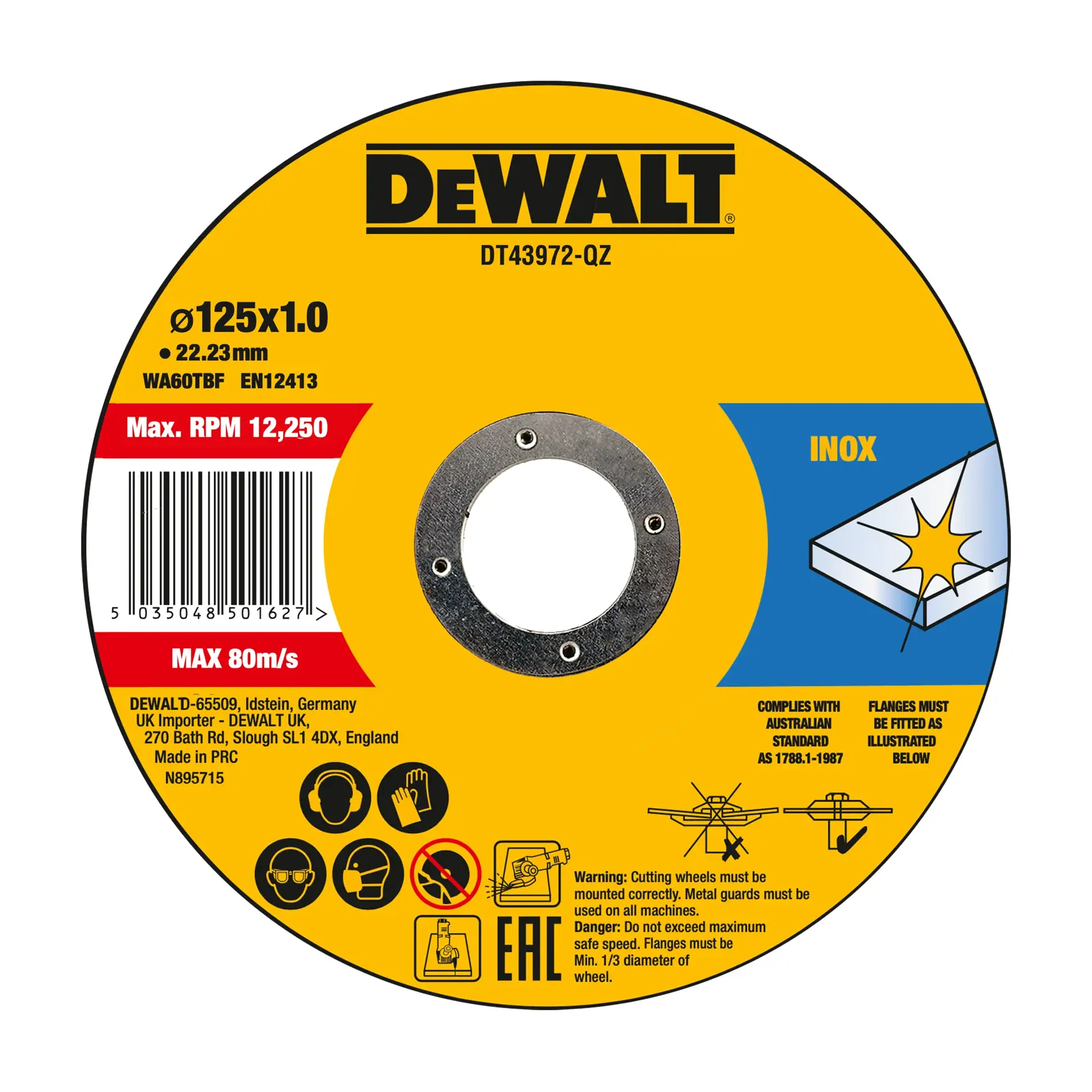 Disque de coupe DEWALT DT43972, 125x1.0mm inox, étiquette jaune avec icônes de sécurité et spécifications.