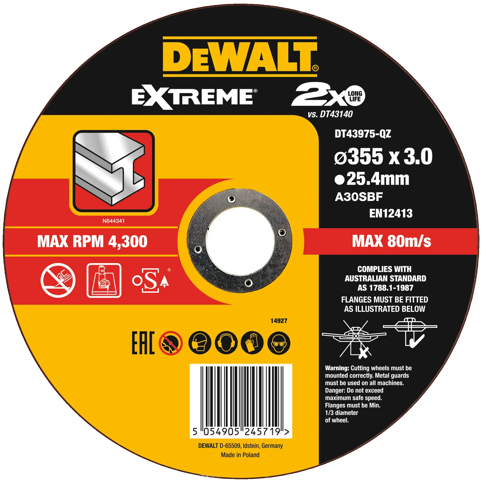 Meule de coupe DEWALT DT43975 Extreme, 355 x 3 mm, 4300 RPM max, icônes de sécurité, code-barres, avertissements.