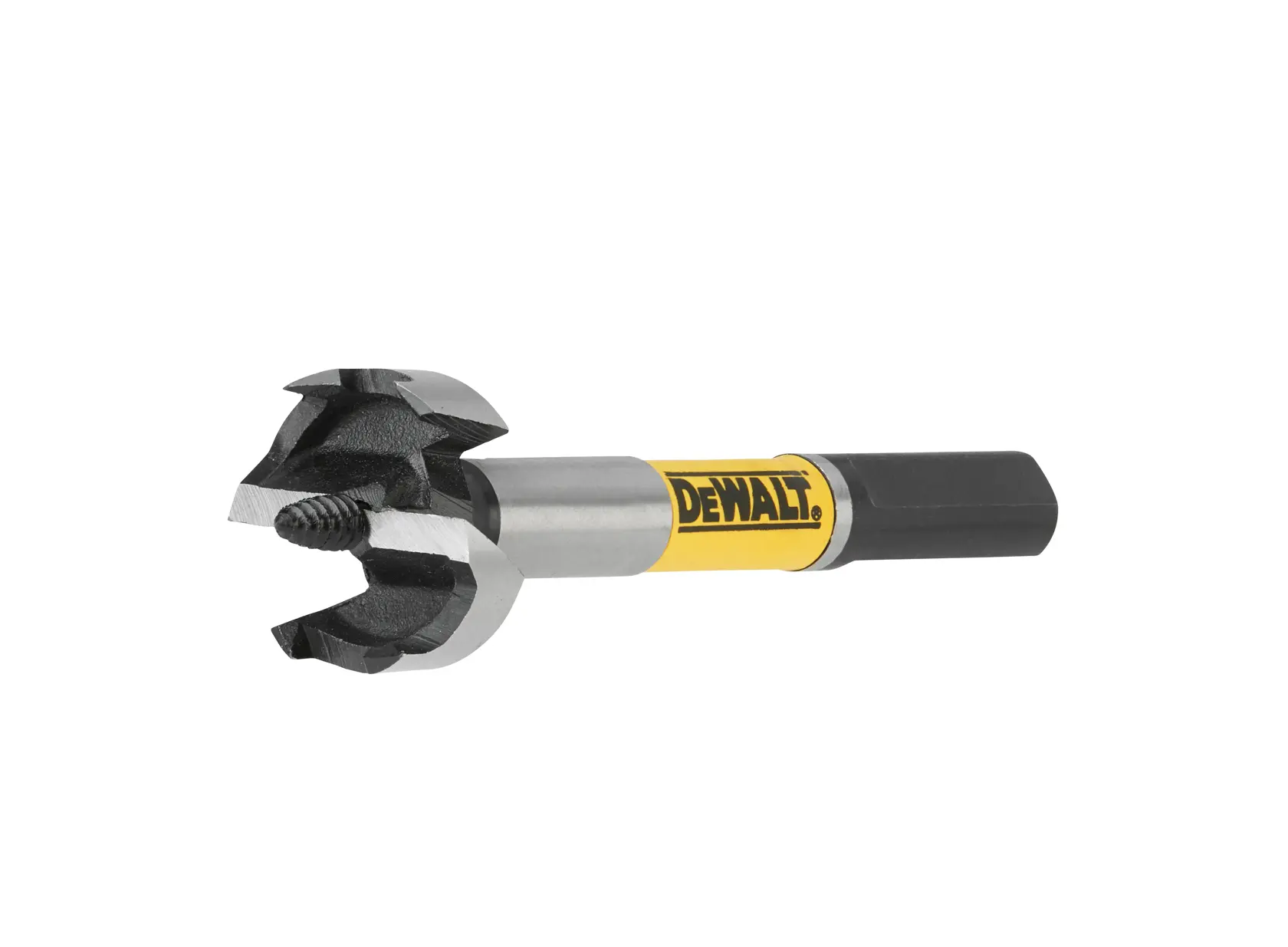 Foret Forstner DEWALT à queue hexagonale avec arêtes vives pour perçage du bois, sur fond blanc.