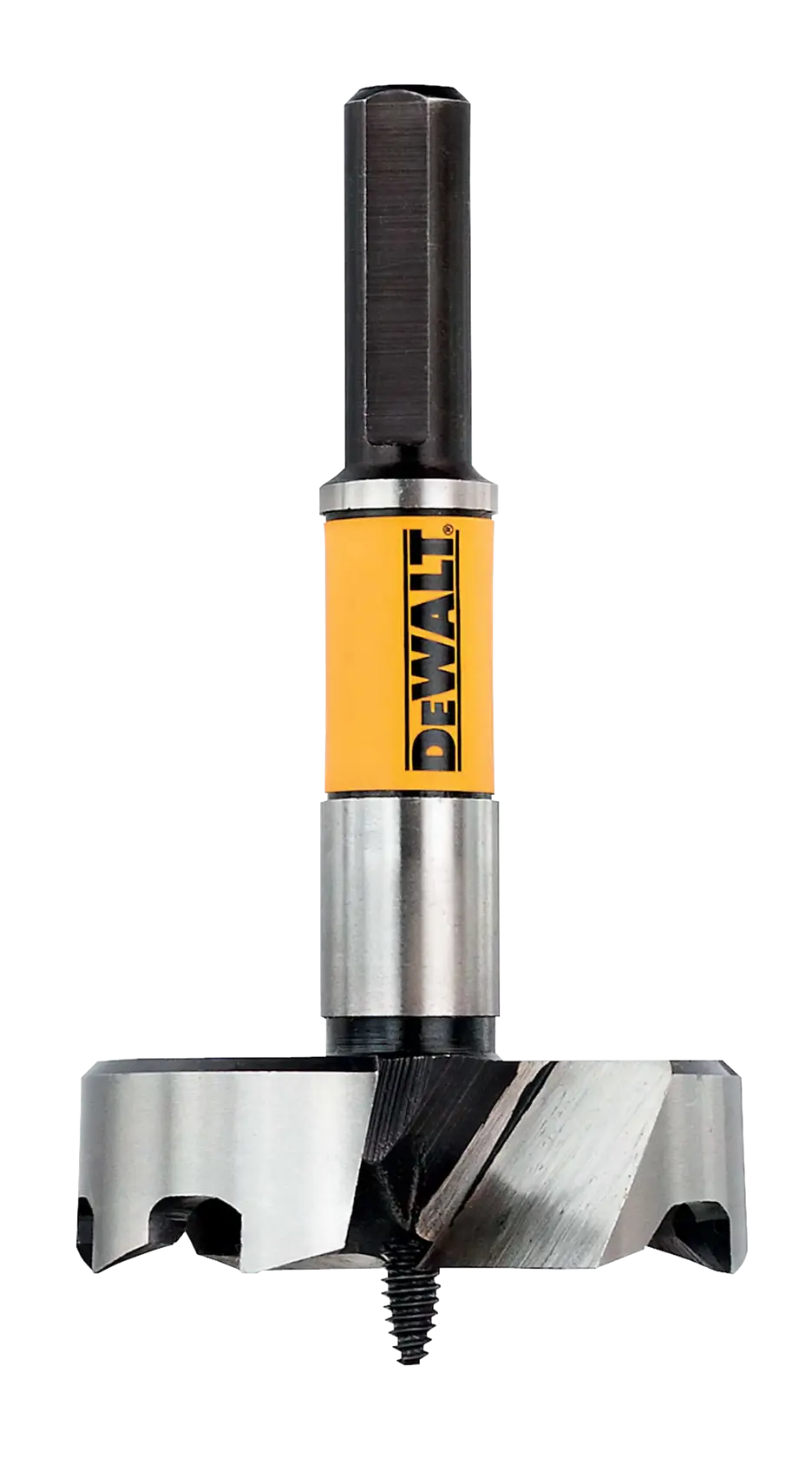Foret scie trépan DEWALT DT4586 pour bois, lame tranchante et étiquette jaune avec logo visible.