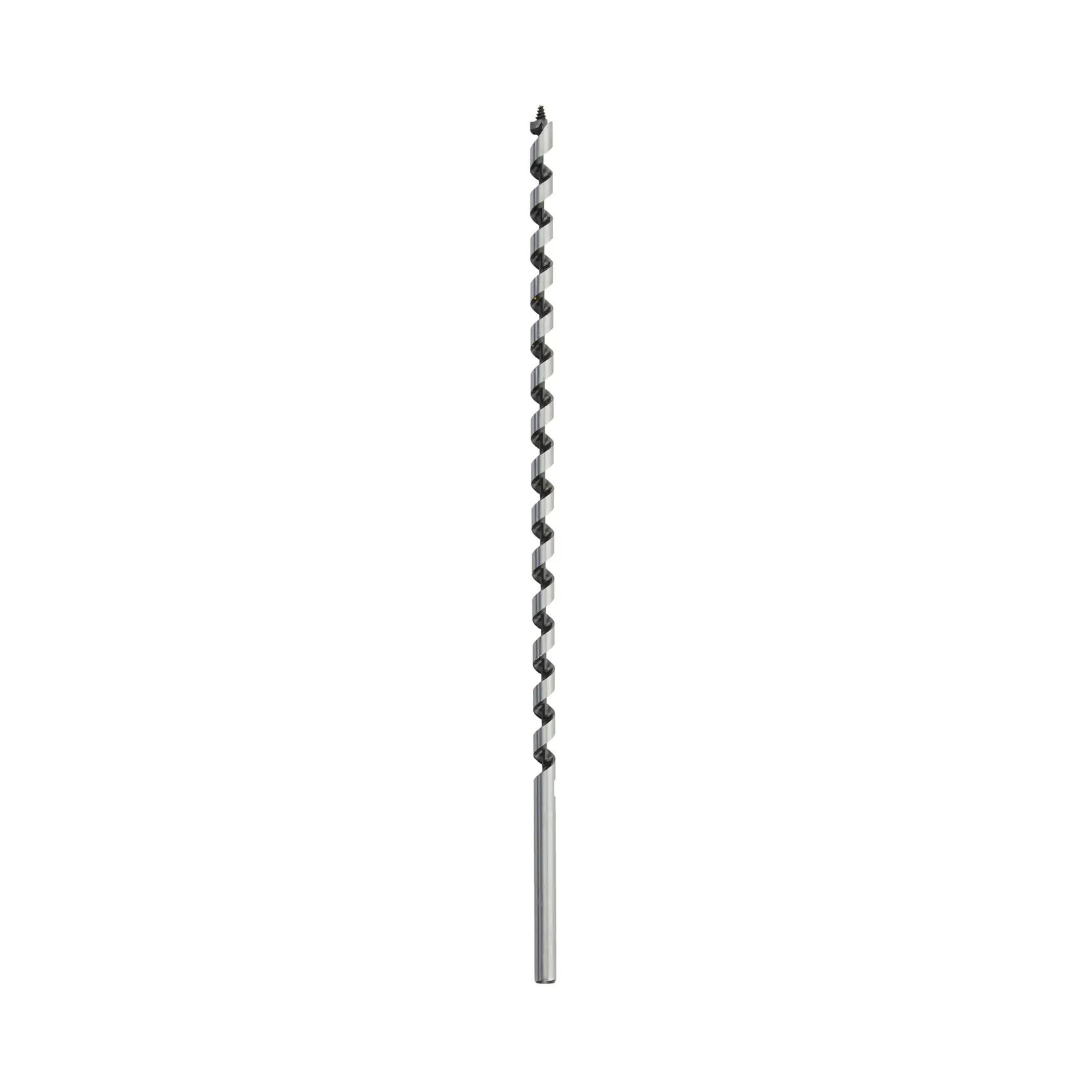 Foret spiralé long DEWALT, argenté et noir, présenté verticalement sur fond blanc.