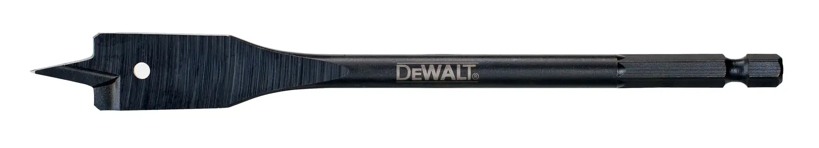 Foret plat à bois DEWALT avec queue hexagonale, utilisé pour percer des trous dans le bois.
