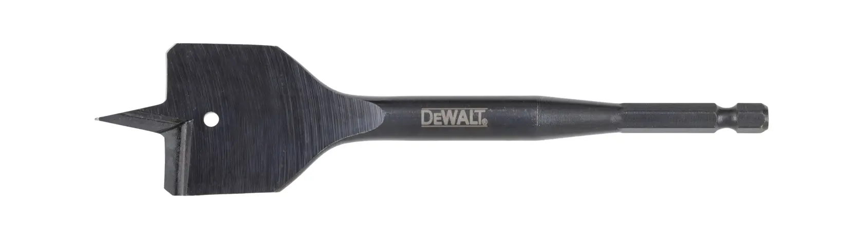 Un foret plat pour bois de marque DEWALT, conçu pour percer de grands trous dans le bois. Le foret dispose d'une lame large et plate avec une pointe et deux arêtes de coupe, ainsi qu'une tige hexagonale.