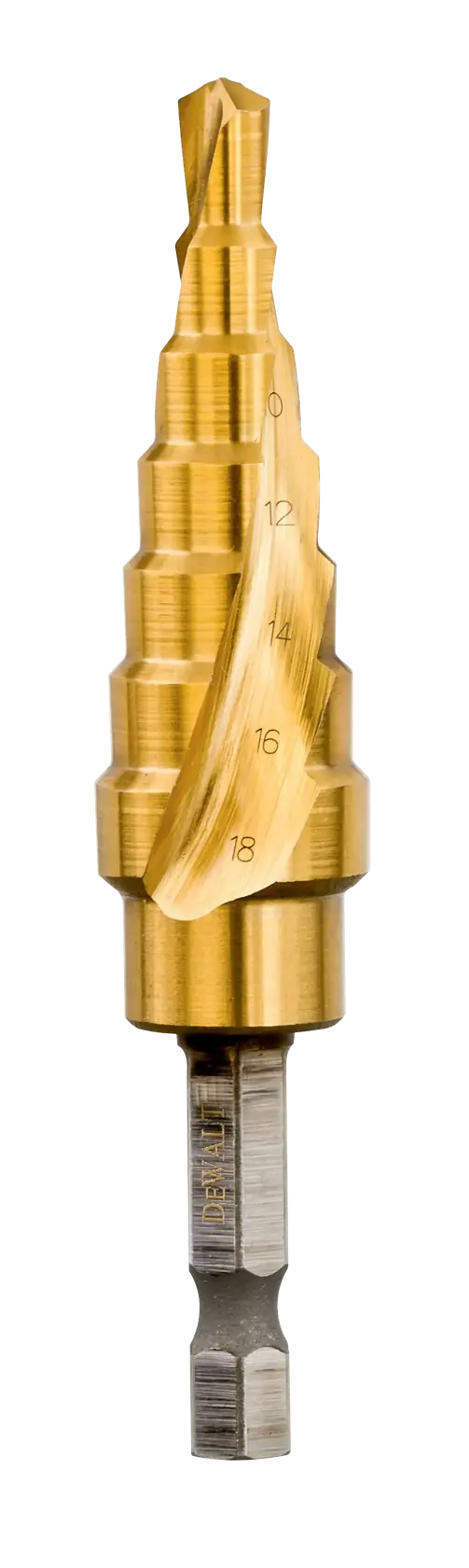 Un foret à étages DEWALT DT5027 avec une finition dorée, comportant plusieurs sections étagées et des marquages de tailles gravés, conçu pour percer des trous de différents diamètres.