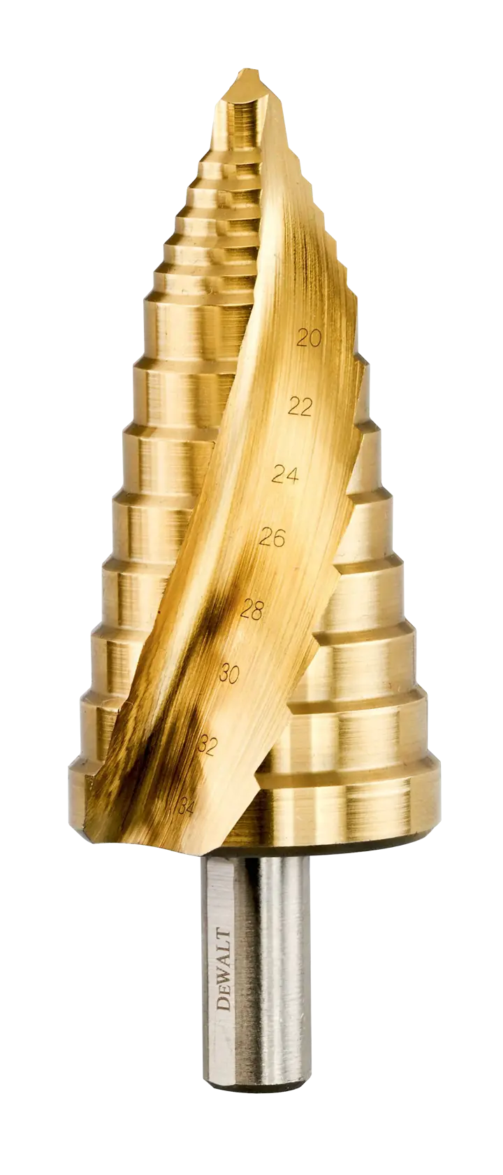 Un foret étagé DEWALT de couleur dorée avec des repères de tailles gravés, utilisé pour percer des trous de différents diamètres dans le métal ou le plastique. Le foret a une forme conique en escalier et une tige argentée.