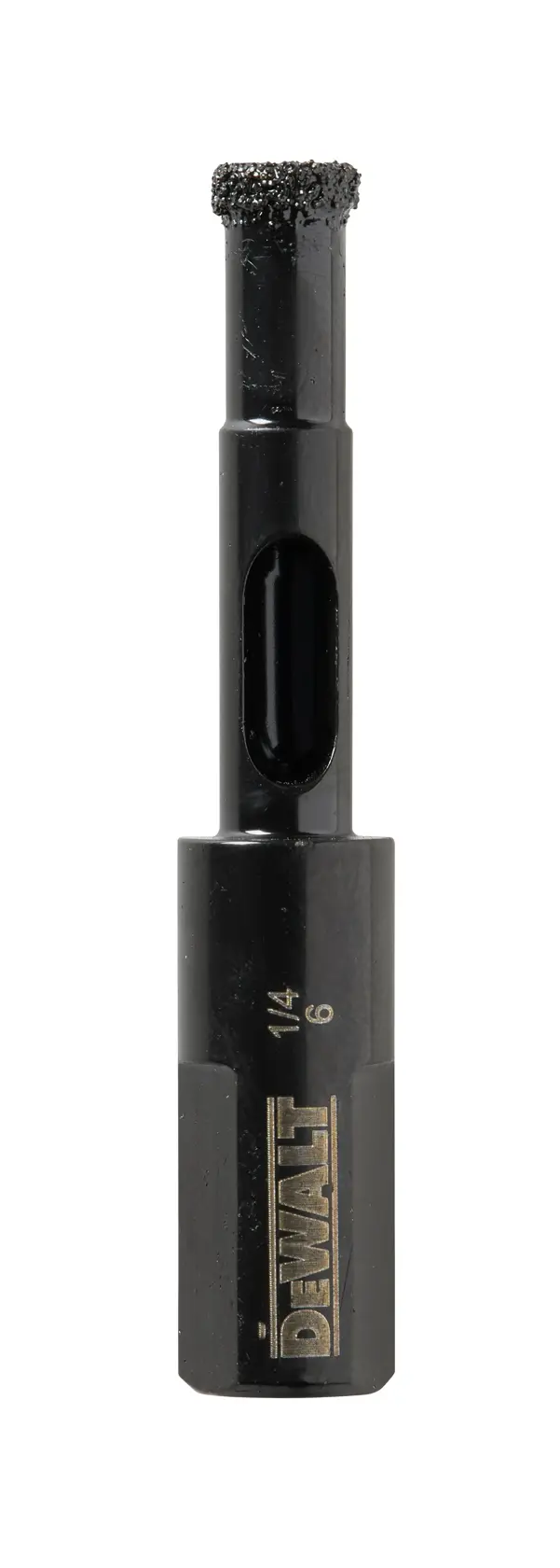 Un foret noir de marque DEWALT avec une pointe cylindrique revêtue de diamant et une tige hexagonale, adapté aux travaux de perçage de précision.