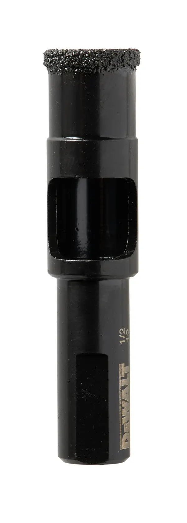 Foret à couronne noir DEWALT DT6042 avec embout abrasif, conçu pour couper des matériaux durs.