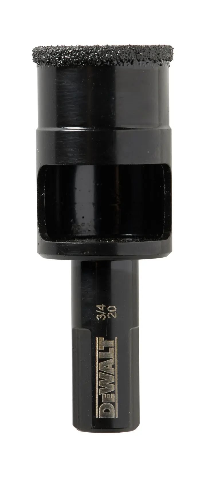 Scie cloche DEWALT DT6044 noire avec bord abrasif pour découpe, présentée verticalement sur fond blanc.