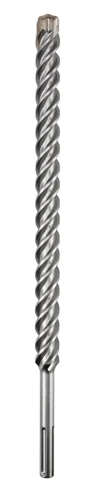 Un foret SDS DEWALT avec un design à rainures spiralées, présenté verticalement sur un fond blanc.