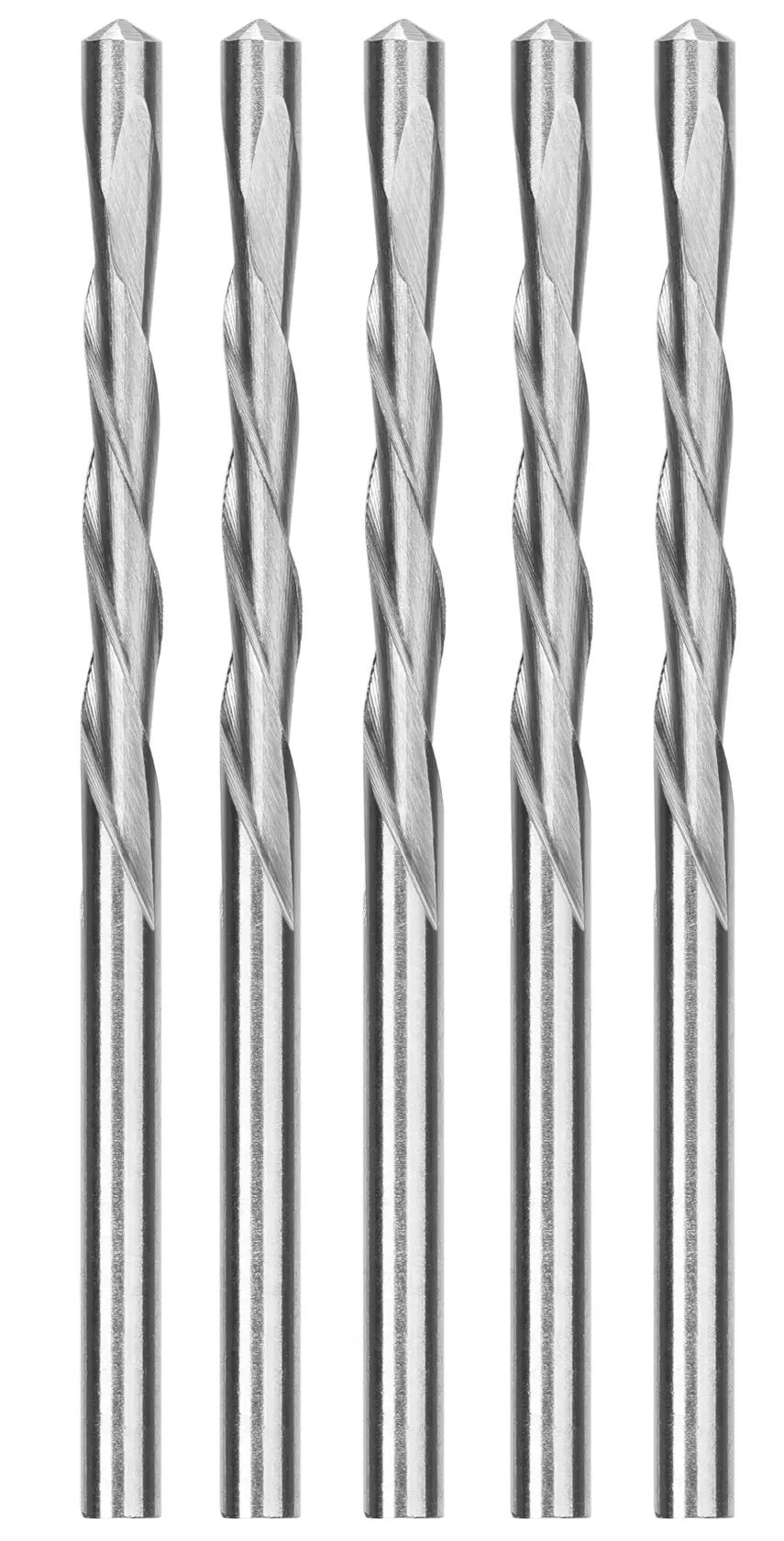 Cinq forets métalliques DEWALT alignés verticalement, couleur argent, sur fond blanc.