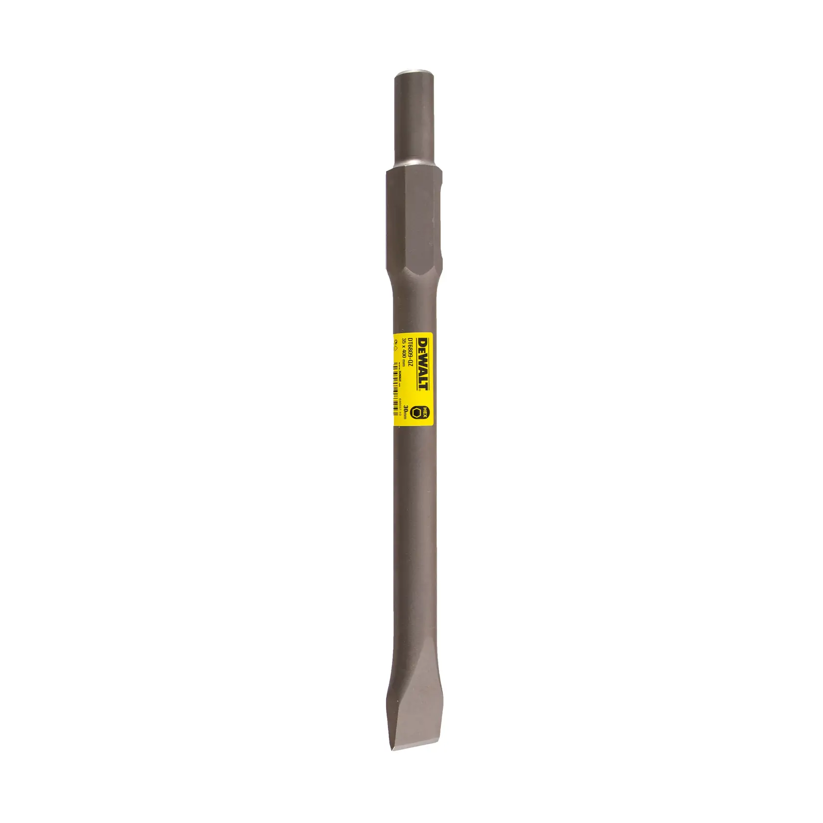 Photo du burin DEWALT avec étiquette, SKU DT6809-QZ, DT6809. Vue droite, outil gris sur fond blanc.