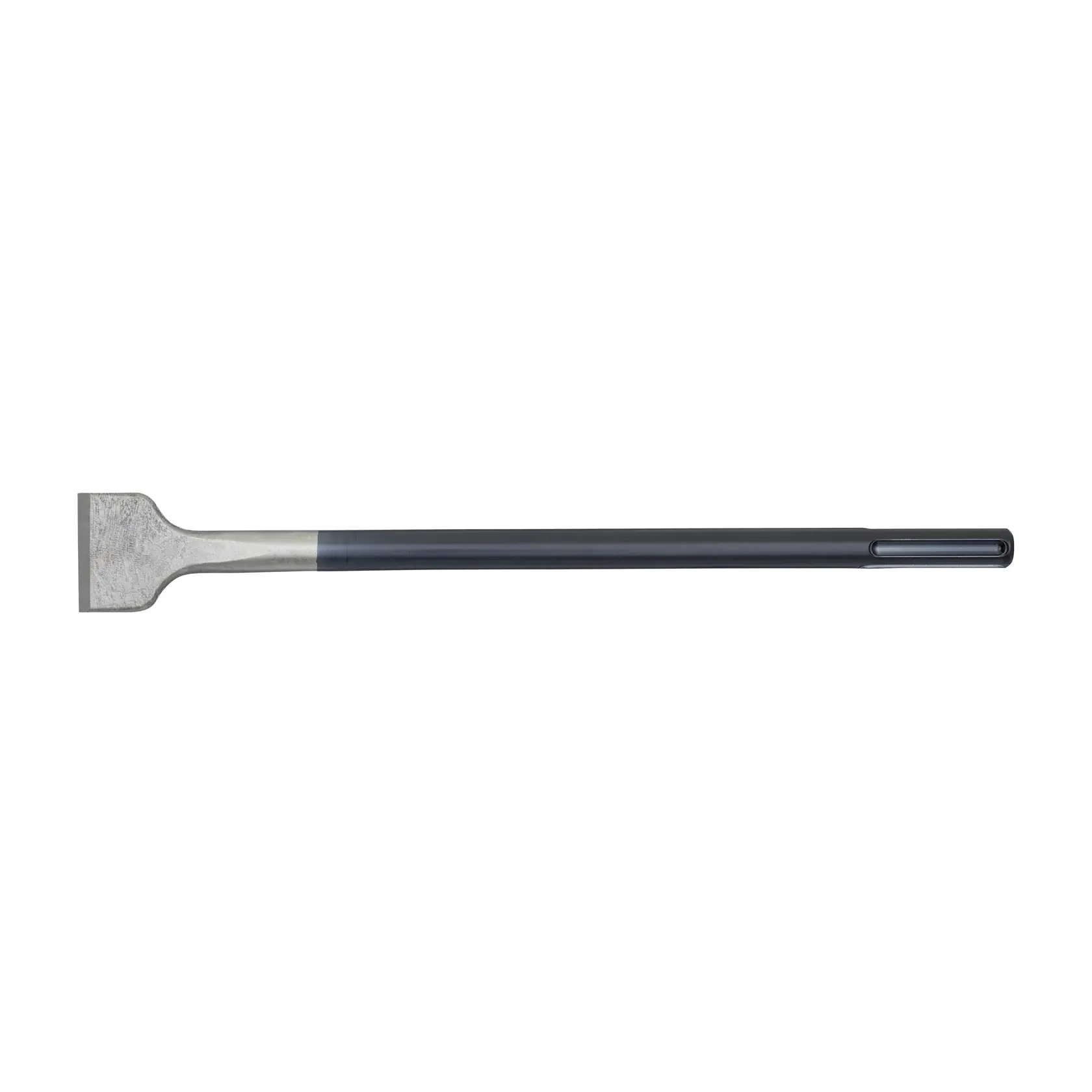 Burin métallique plat à manche long, adapté aux outils électriques ou aux travaux de démolition.