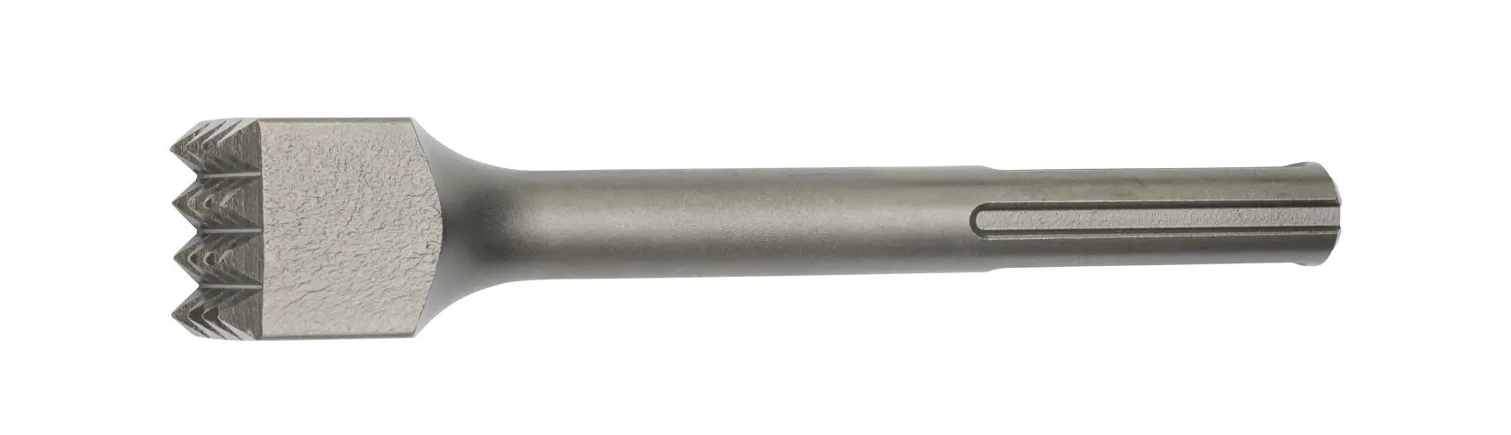 Un burin boucharde DEWALT DT6838 avec une tige SDS-plus et une tête carrée crantée, conçu pour les travaux de finition de maçonnerie et de pierre.