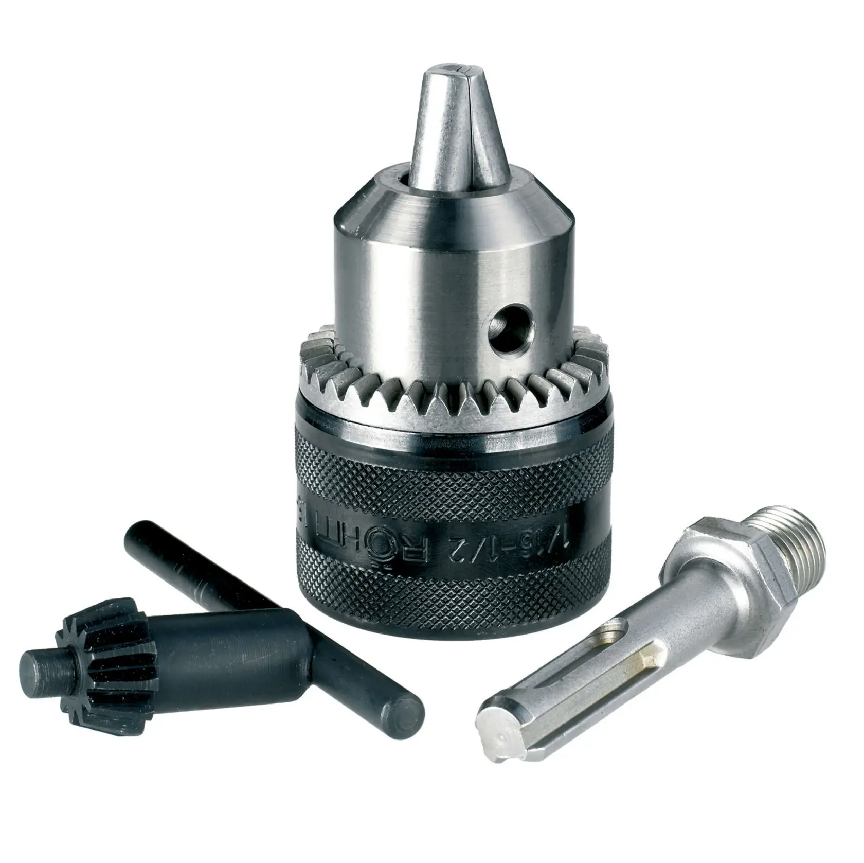 Ein Metall-Bohrfutter-Set mit Schlüssel, bestehend aus einem Hauptbohrfutter, einem Bohrfutterschlüssel und einem Adapter, auf einem weißen Hintergrund platziert.