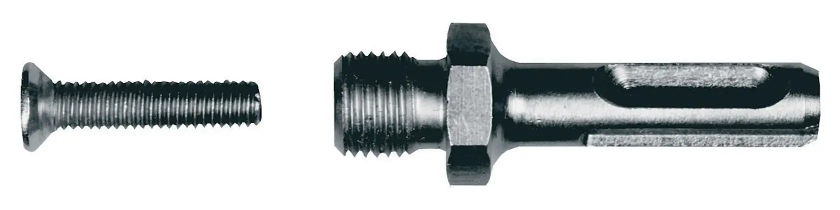 Gros plan sur un adaptateur DEWALT DT7030 et une vis métallique sur fond blanc.