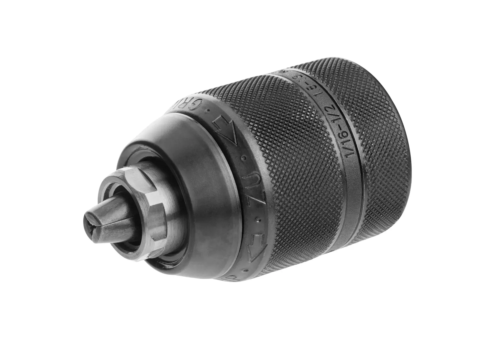 Gros plan sur un mandrin de perceuse DEWALT DT7043 avec prise texturée, sur fond blanc.
