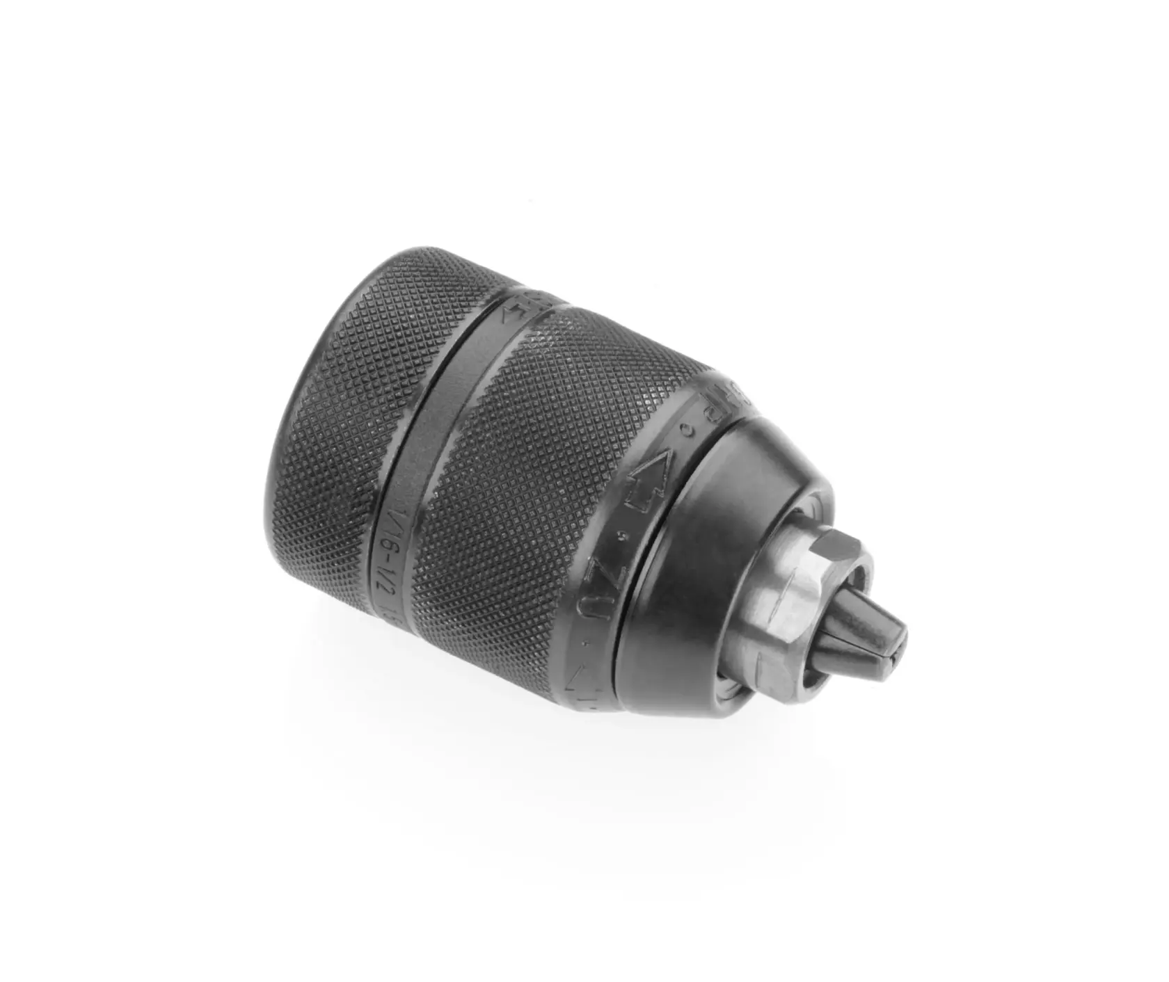 Mandrin de perceuse noir DEWALT, texturé pour une meilleure prise, sur fond blanc.