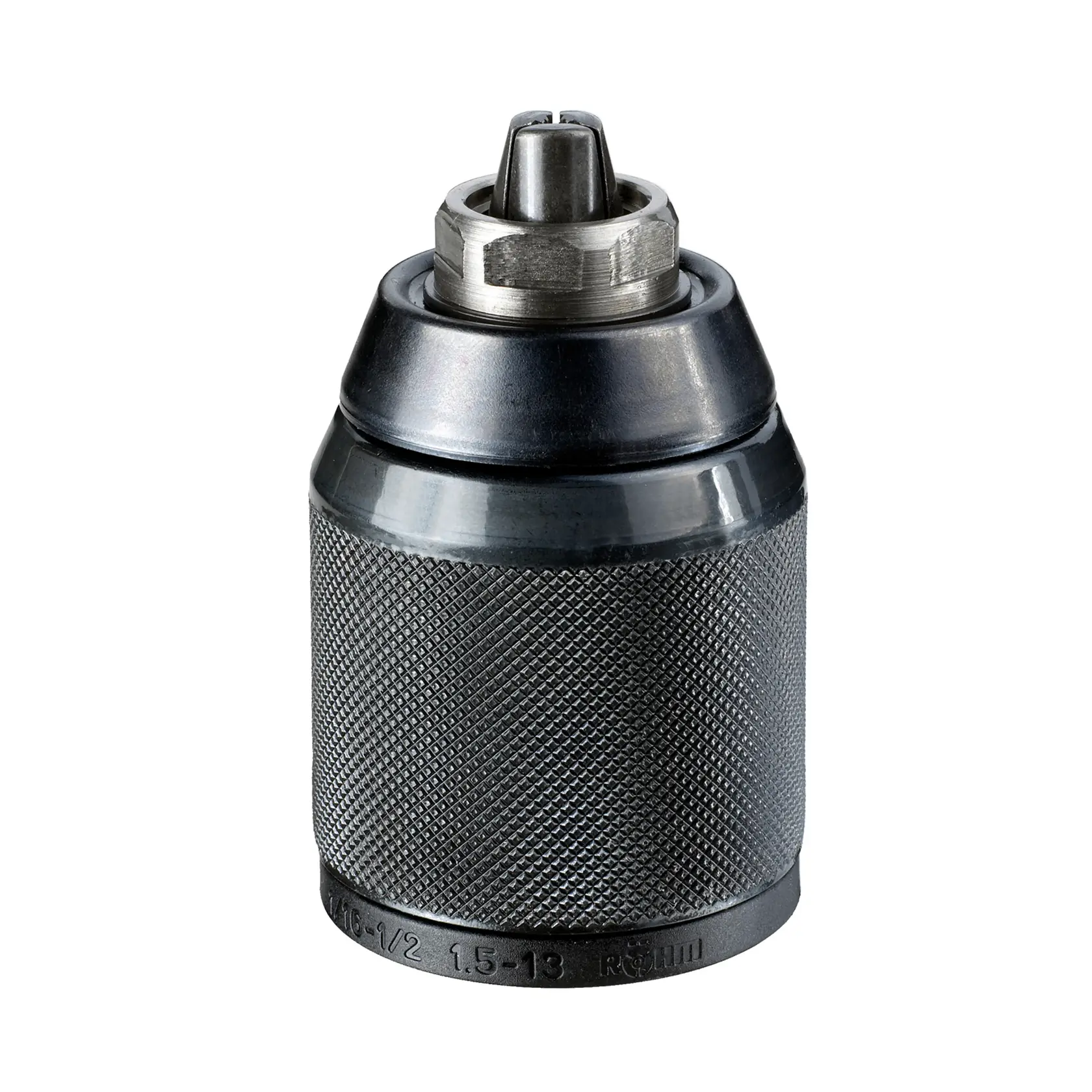 Mandrin de perceuse DEWALT en métal avec prise texturée, présenté sur fond blanc.