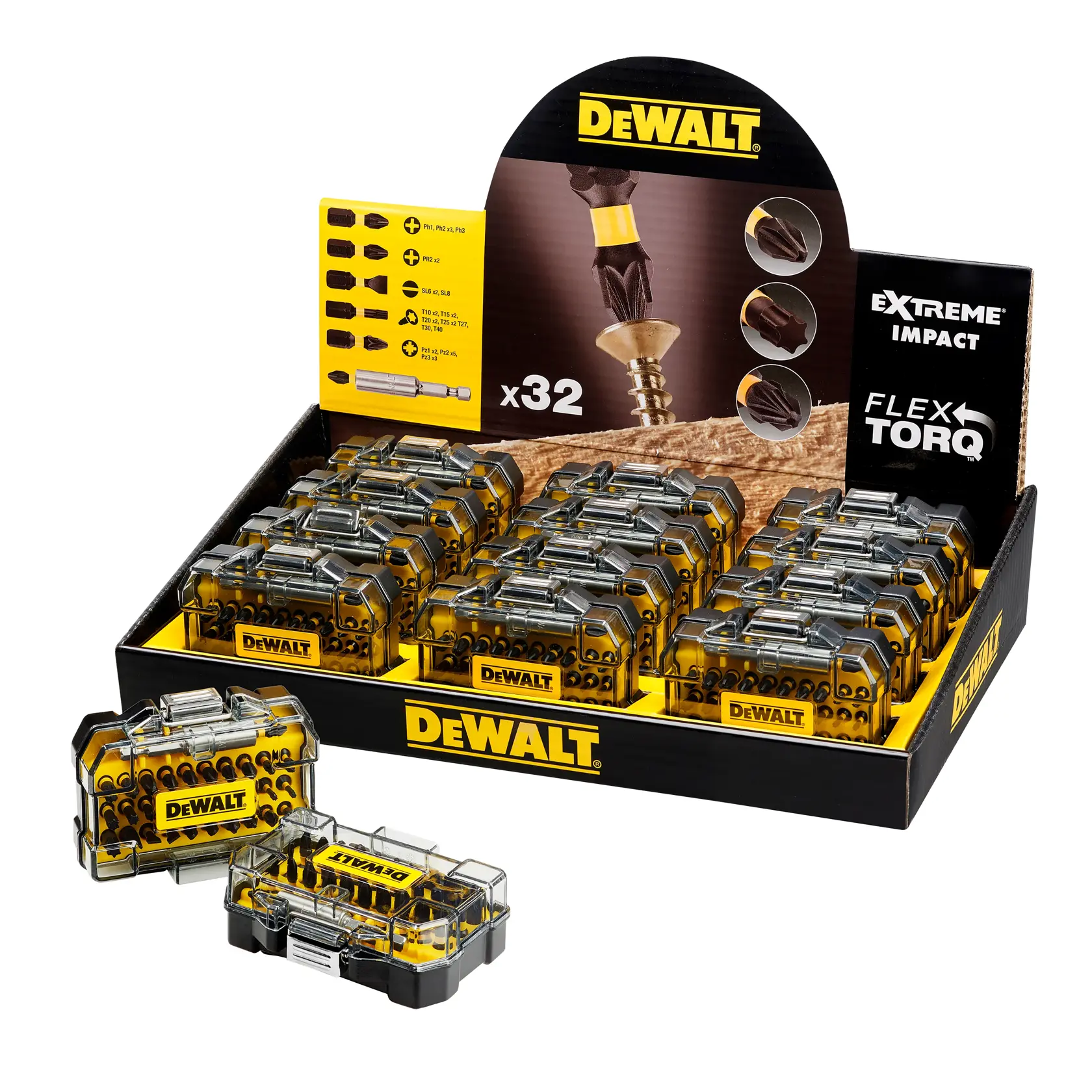 Présentoir DEWALT DT70523TM FlexTorq avec plusieurs boîtes de forets jaunes et noires et emballage.