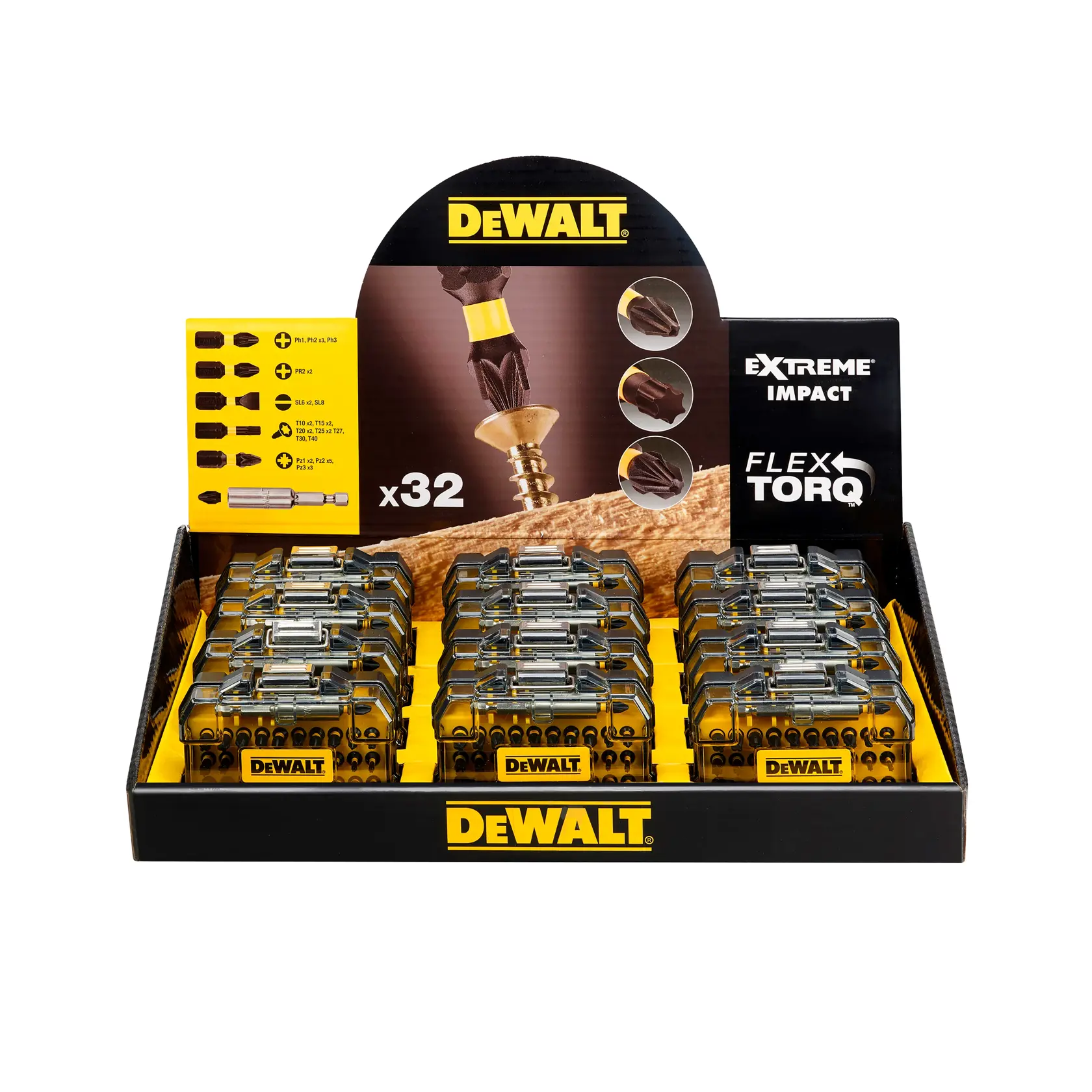 Boîte présentoir DEWALT Flex Torq 32 embouts avec plusieurs coffrets jaunes et noirs.