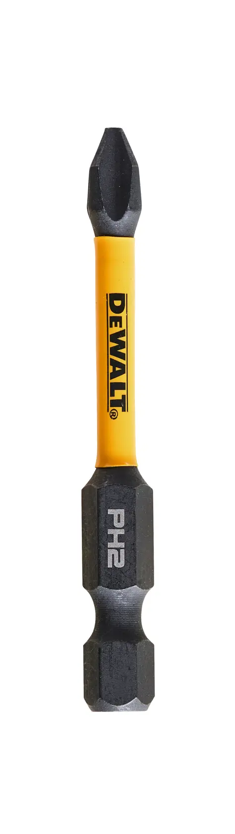 Embout de tournevis DEWALT PH2 à tige jaune et extrémités noires, présenté sur fond blanc.