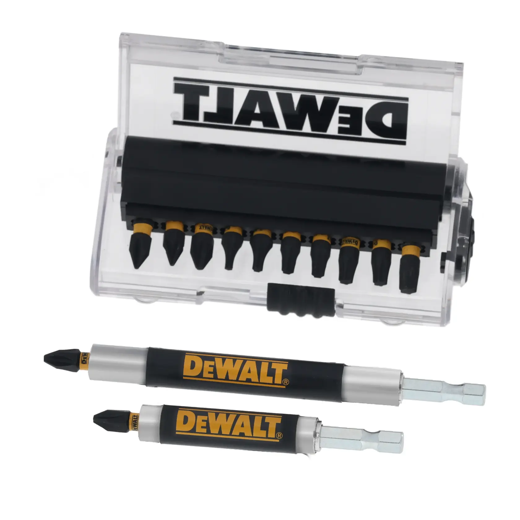 Set de mèches DEWALT avec boîtier transparent et deux embouts DEWALT, destiné aux outils électriques.