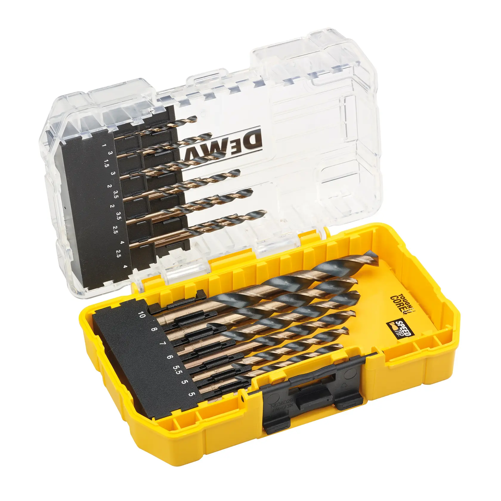Set d'embouts DEWALT jaune dans une boîte ouverte, tailles variées rangées dans des compartiments.
